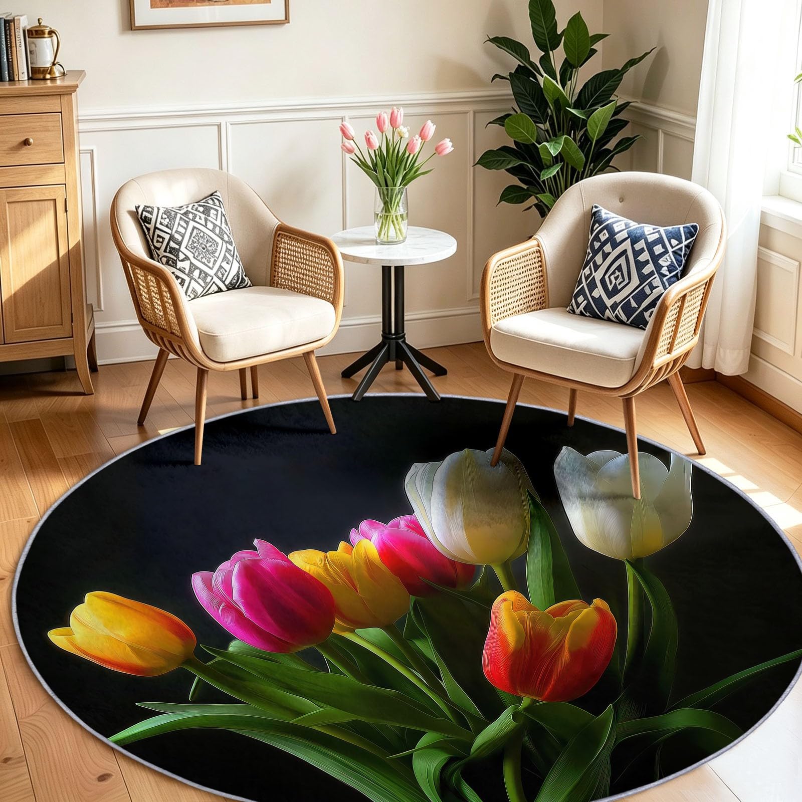 Tapis rond tulipe noir pour sublimer l'ambiance de votre chambre