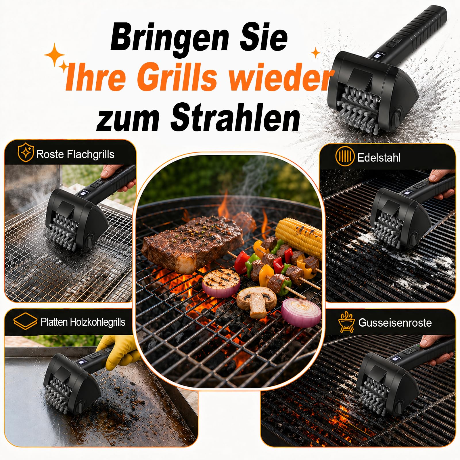 Elektrische Grillbürste Kabellos 4000mAh Akku 304 Edelstahl für Grillrost | Reinigungsbürste mit 2-Stufen Reinigung, 90 Min Laufzeit, LED-Licht, Wasserdicht und BBQ-Grillbürste für Männer