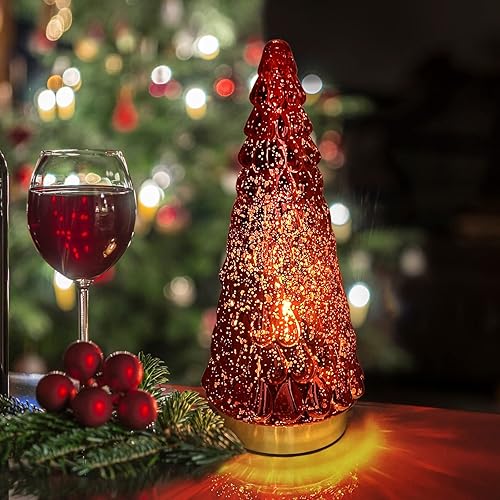 Miniatura 2 de Árbol de Navidad de cristal rojo, 3 piezas, pequeño árbol de Navidad de mercurio de mesa con luz, árbol de Navidad a pilas para decoración de