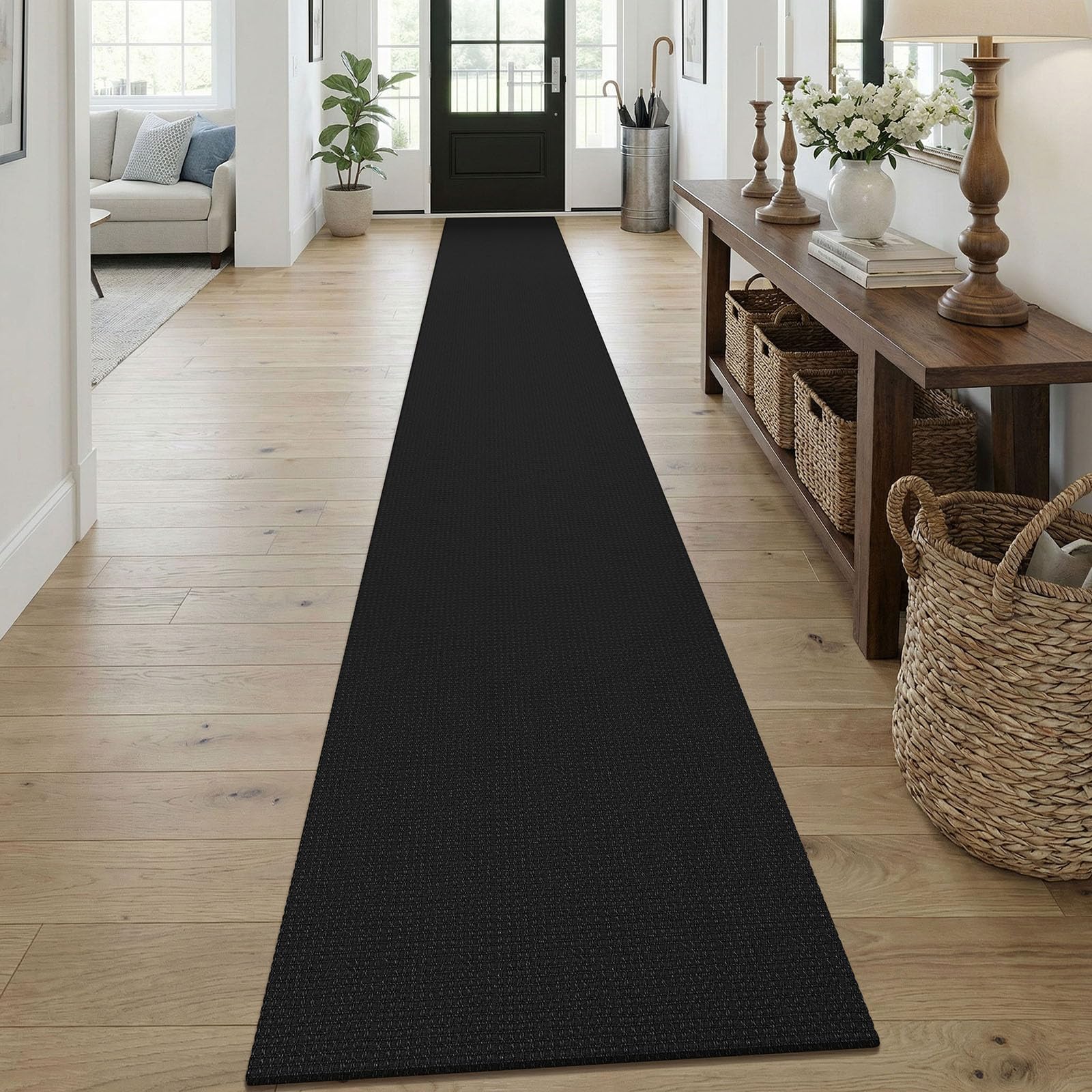 KOZYFLY Black 2x18 Runners Rugs for Hallway, Extra Long Washable Runner Rug, Woven Non Slip Kitchen Runner, Cotton Entryway Rug, Floor Carpet for Entry, Aisle, Hall, Black/Dark Grey — image 1