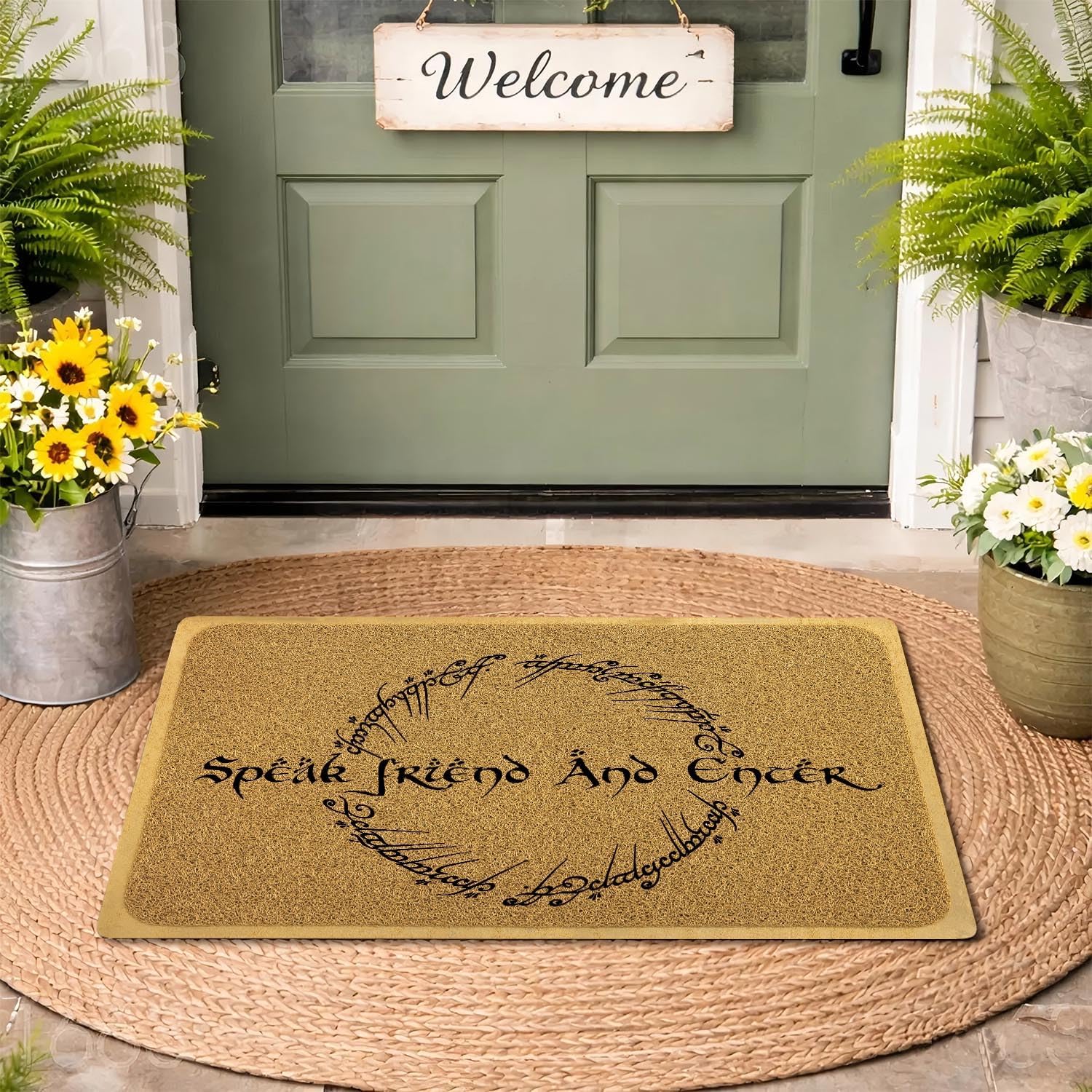 Funny Doormat for Entrance Way Indoor/Outdoor Front Door/Patio Anti-Slip & Heavy Weather Resistant Rugs House Warming Novelty Gift Mat 36"x24" (Rings Speak Friend and Enter)