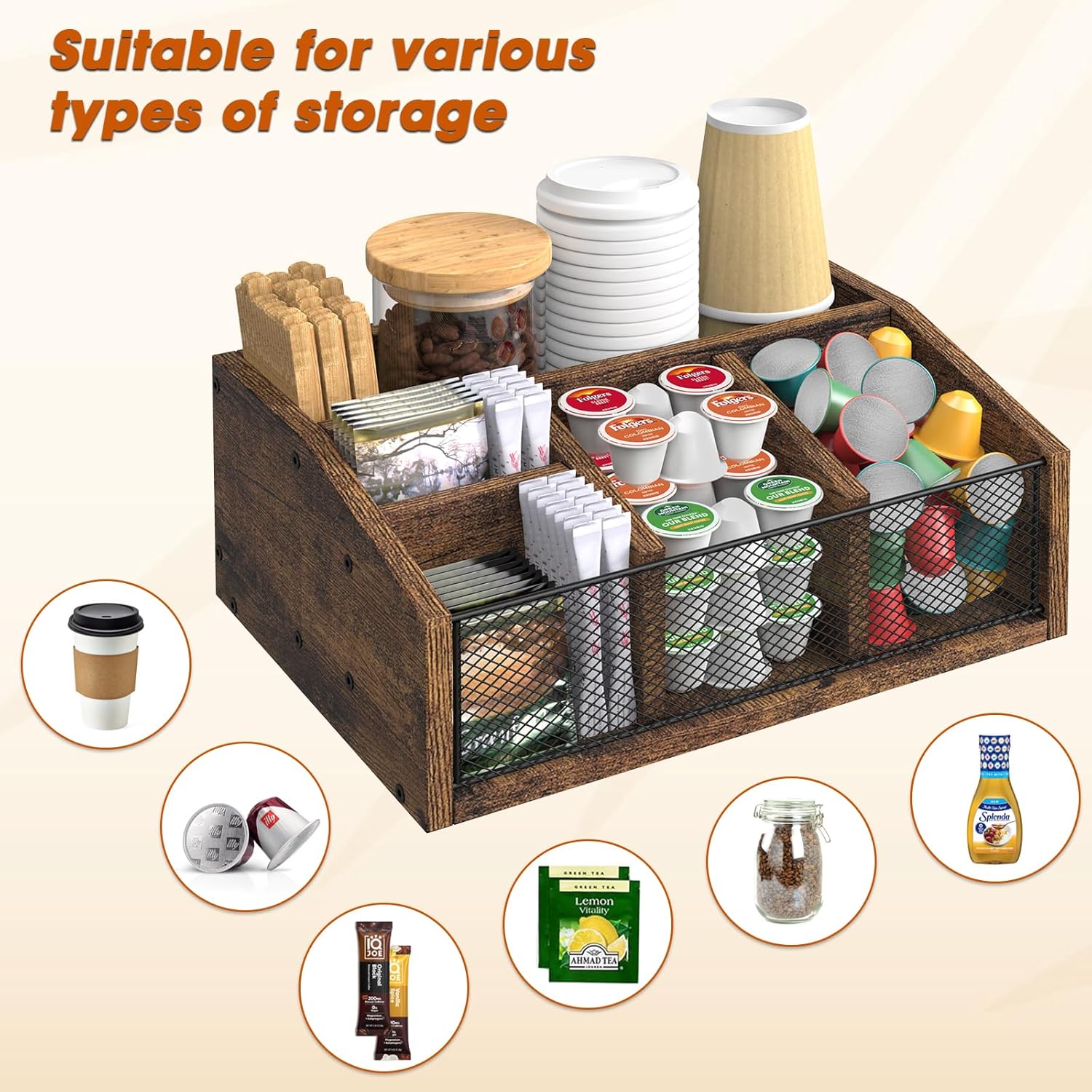 Coffee Bar Station Organizer Wooden Coffee Bar Accessories for Countertop Tea Condiment Organizer for Decor Storage Basket for K-Cup Pods Holder, Rustic Brown
