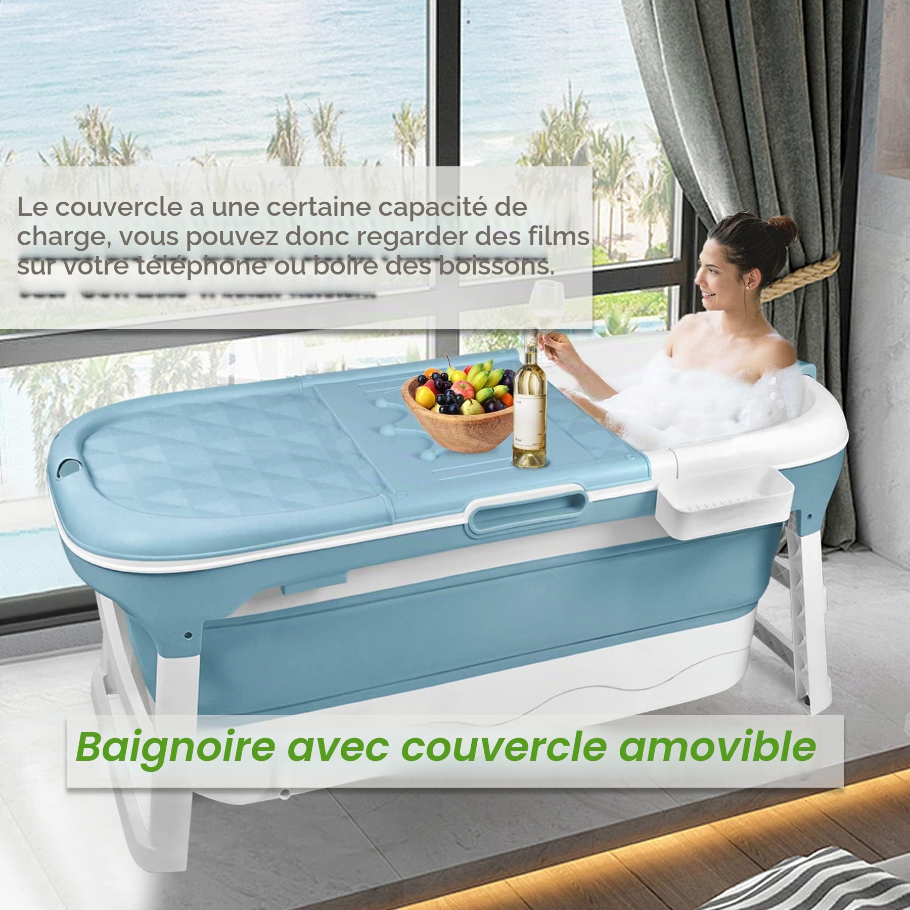 Froadp 128x60x53cm Baignoire pliable avec Couvercle Amovible pour Adultes Enfants Baignoire de Douche Pliable Portable Mobile avec Mains Courantes pour L'intérieur Petite Salle de Bain ou L'extérieur