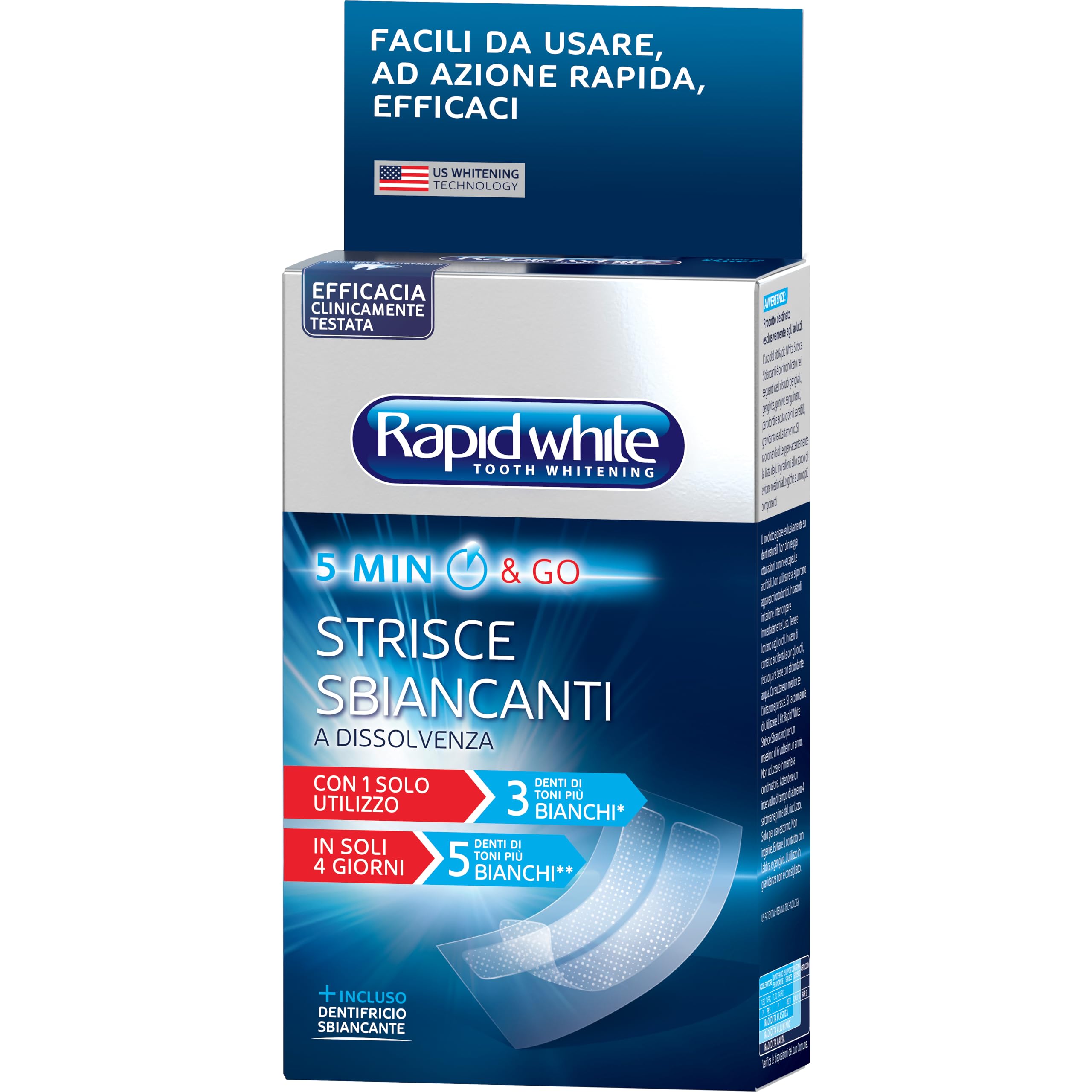 Rapid White - Strisce Sbiancanti Denti, per Uno Sbiancamento Fino a 5 Toni, Senza Perossido, Rimuove Macchie, Trattamento Rapido, Gusto Menta, Clinicamente Testato, 2x8 Strips