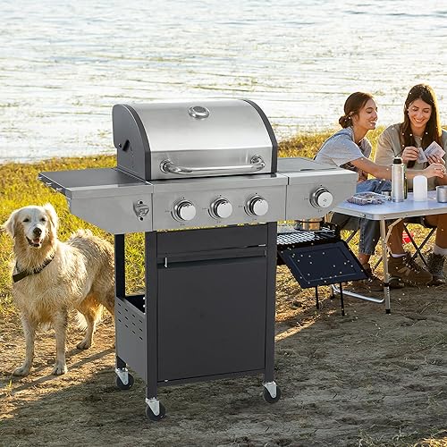 Miniatura 7 de Parrilla de propano de 3 quemadores, parrilla de gas de acero inoxidable con quemador lateral y termómetro para barbacoa al aire libre, camping
