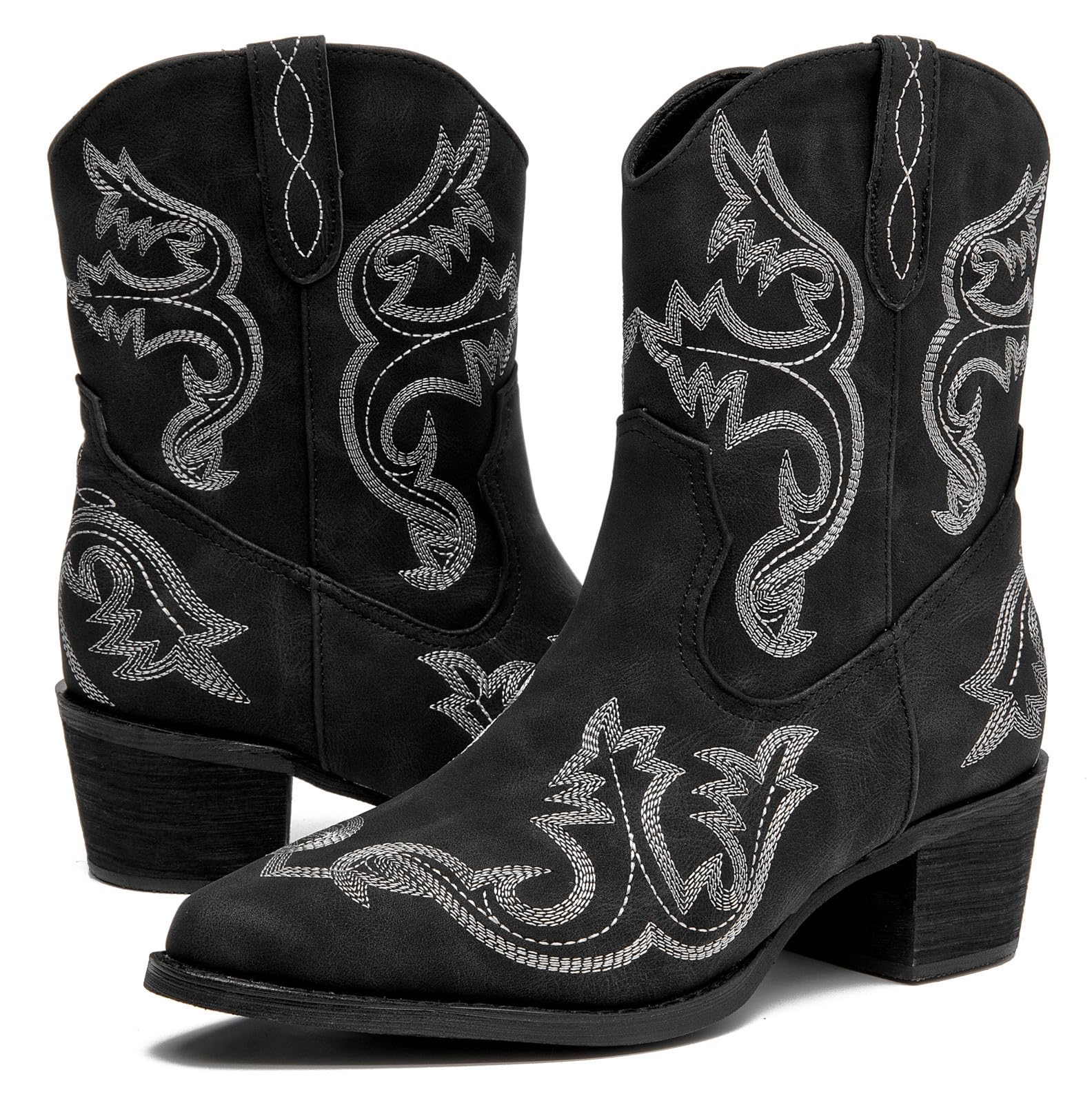 DADAWEN Western Boots for Women Embroidered Square Toe Cowgirl Boots Chunky Heel Pull-On Short Cowboy Boot Wide Calf