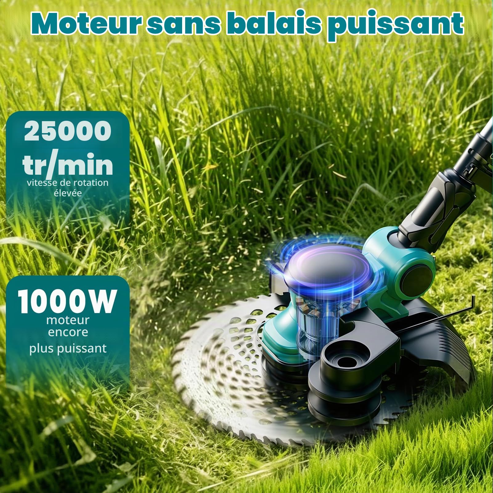 Tondeuse à gazon avec batterie, Tondeuse électrique avec 2 x 4,0 Ah batteries et chargeurs, débroussailleuse avec brosse anti-mauvaises herbes, moteur sans balais 1000W, tondeuse électrique pour les