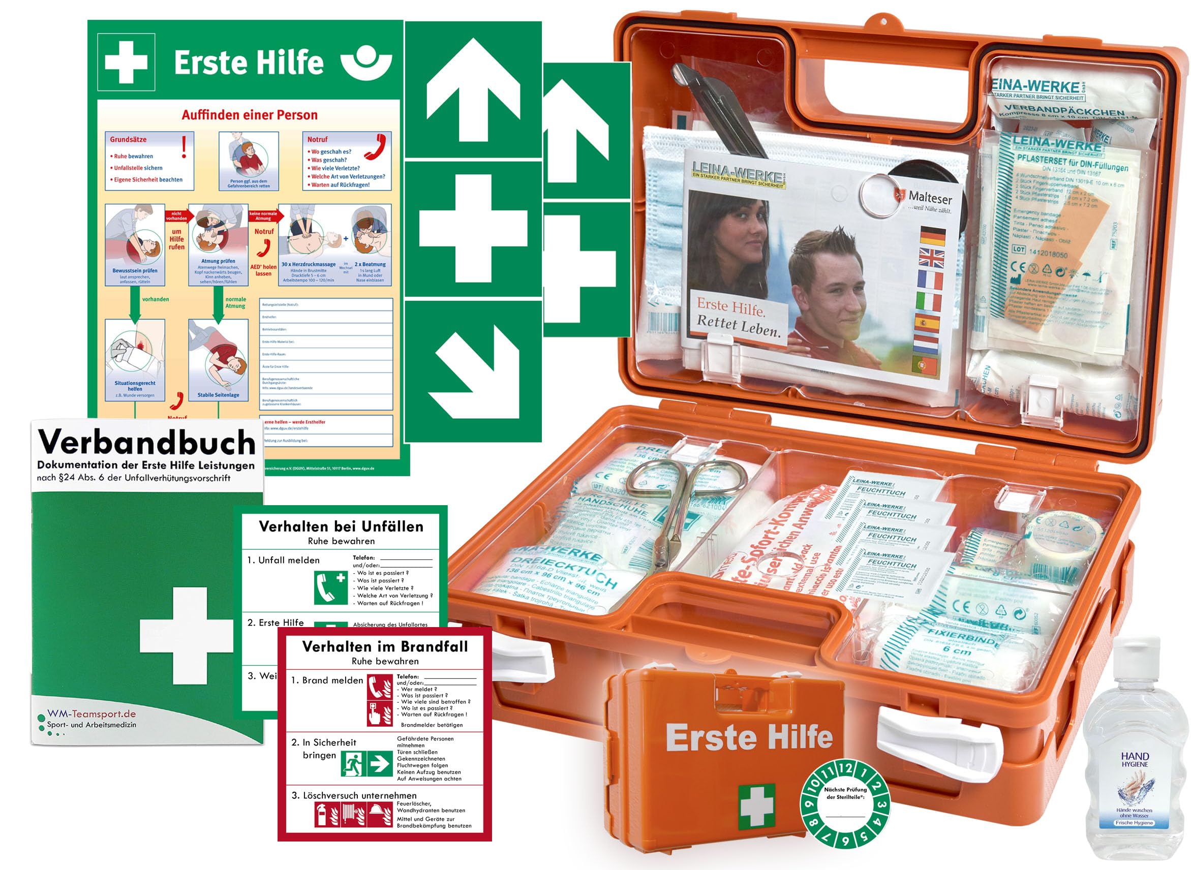 Verbandskoffer/Verbandskasten (K) Typ C -Komplettpaket- Erste Hilfe mit aktueller DIN 13157 für Betriebe INKL. VERBANDBUCH + Hygiene-Gel & AUSHANG +Aufkleber