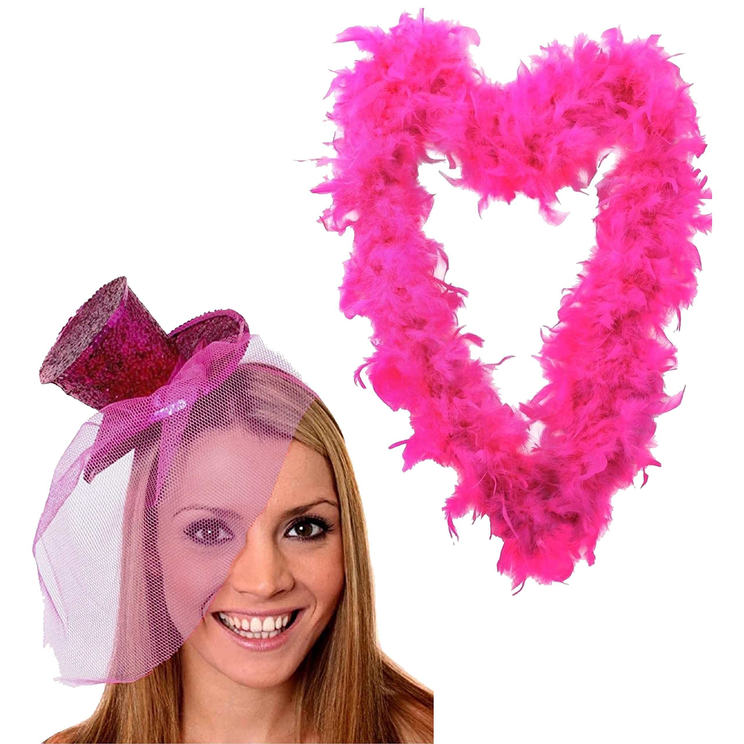 LADIES TOP HAT + FEATHER BOA FANCY DRESS ACCESSORY SET COLOURED GLITTER FASCINATOR HAT AND MATCHING COLOURED FEATHER BOA BURLESQUE HEN NIGHT (PINK)