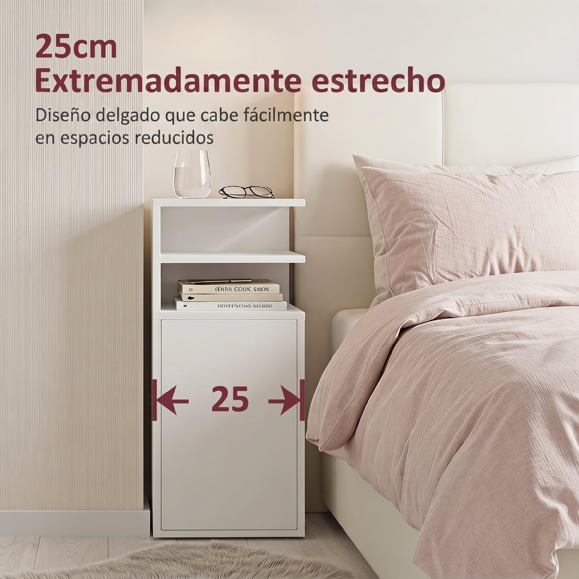 HOMCOM Juego de 2 Mesitas de Noche Estrechas para Dormitorio Blanco | con Puerta, Compartimentos Abiertos, Mesa Auxiliar para Salón, Espacios Reducidos, 25x30x60 cm