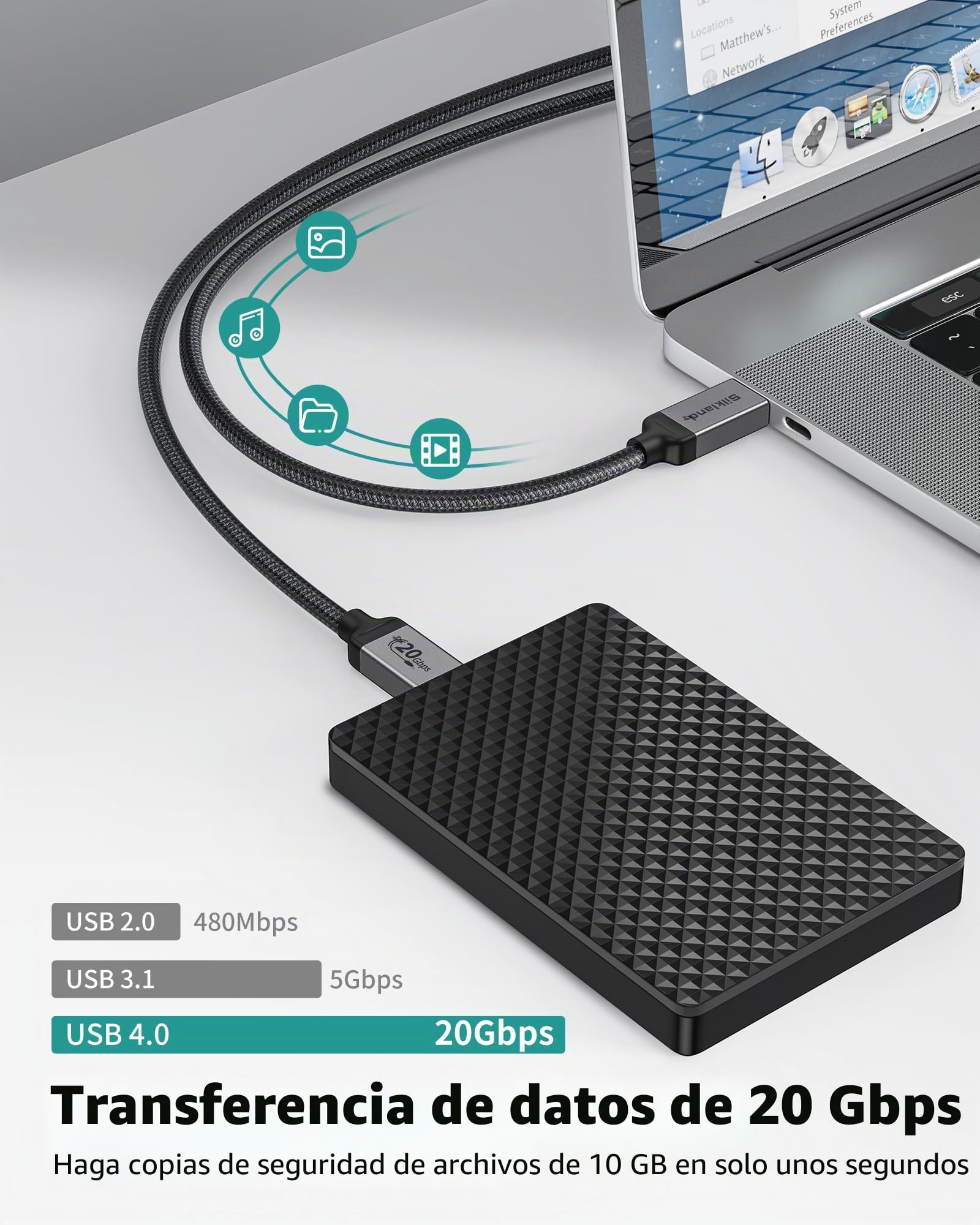 Silkland Cable USB 4 5 m, 20 Gbps de transferencia de datos, 5 K@60 Hz, 4 K @ 60 Hz, carga rápida de 240 W, compatible con Thunderbolt 4/3, MacBook, DELL XPS, Surface Pro, VR Headset