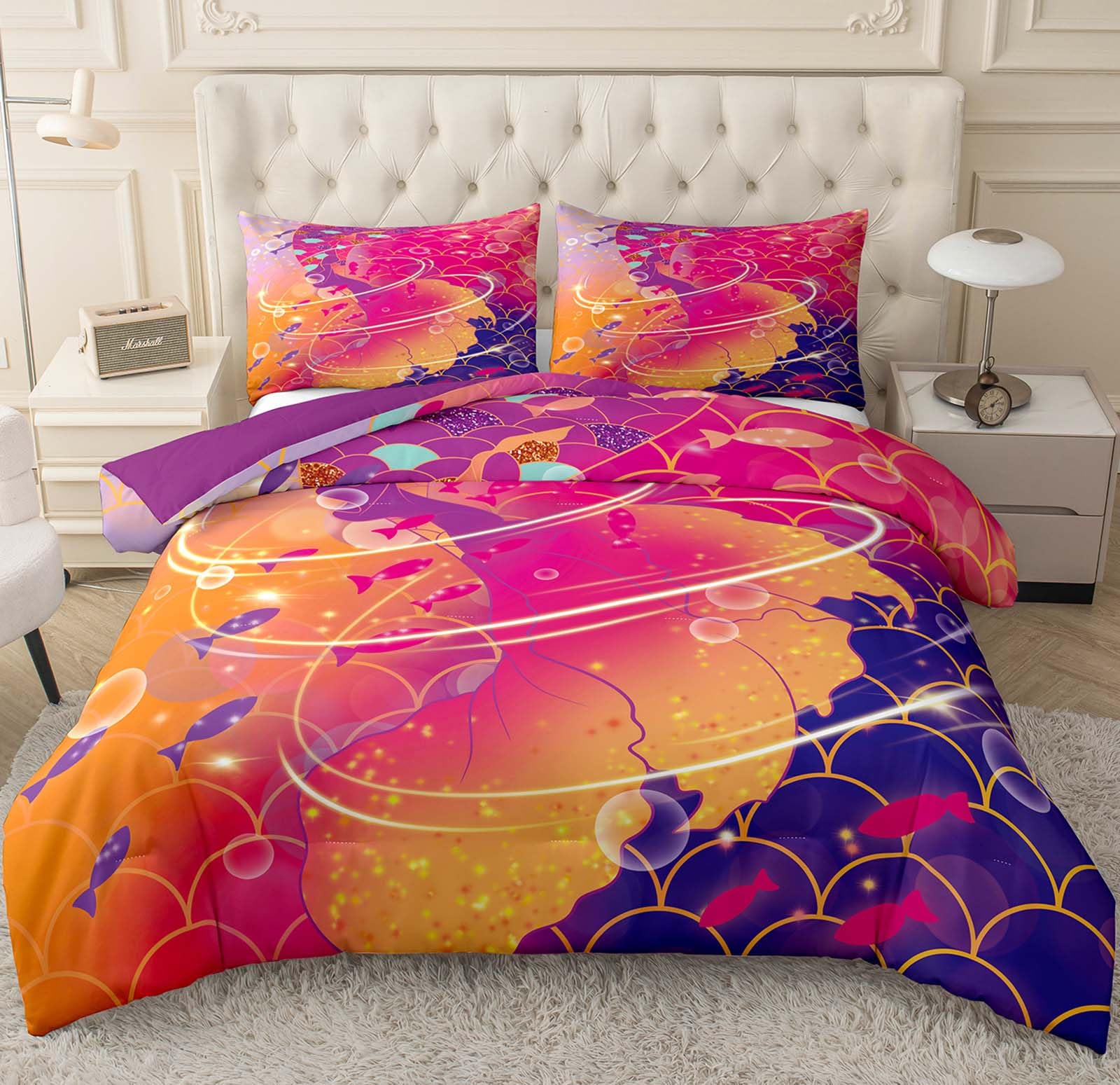 PeopleareokMermaid Bedding Set Rainbow Scales Comforter Set Queen Size for Girls Printed Pattern Bedding Set Kids Fish Scales Comforter Sets Girly Rainbow Bedding Set(1 Comforter 2 Pillowcase)