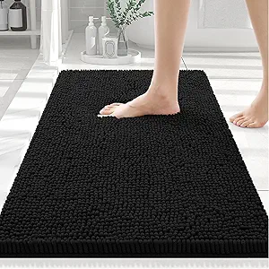 Smiry Luxury Chenille Bathroom Rugs 24x16, Extra Soft and Absorbent Shaggy Bath Mat, Machine Washable, Non-Slip Plush Carpet Runner for Tub, Shower, and Floor, Home Decor Accessories, Black