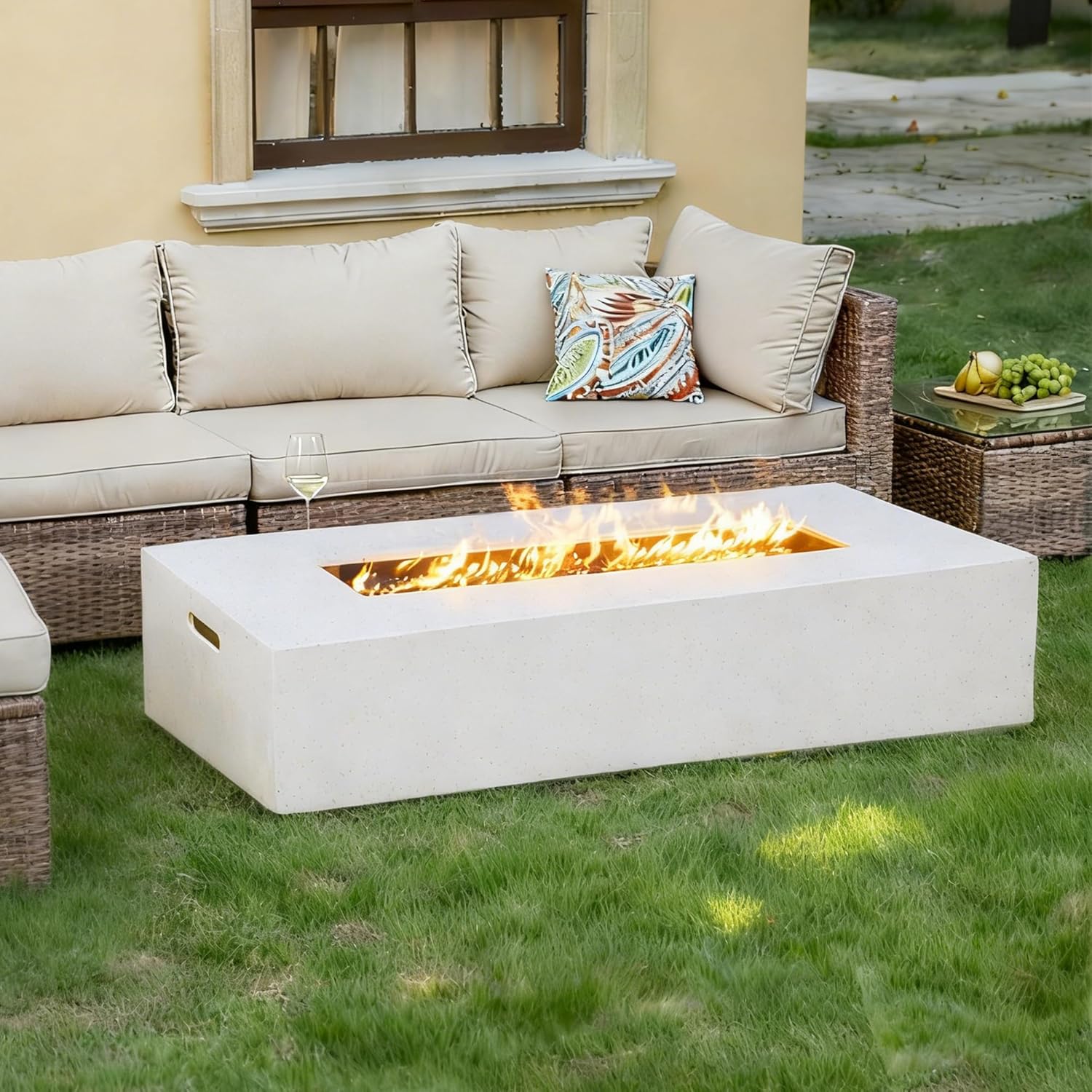 56 Inch Propane Fire Pit Table, Rectangle Outdoor Fire Table w Blue Fire Glass(50,000 BTU), Patio Firepit Table Gas Fire Table w Rain Cover for Outside, Backyard