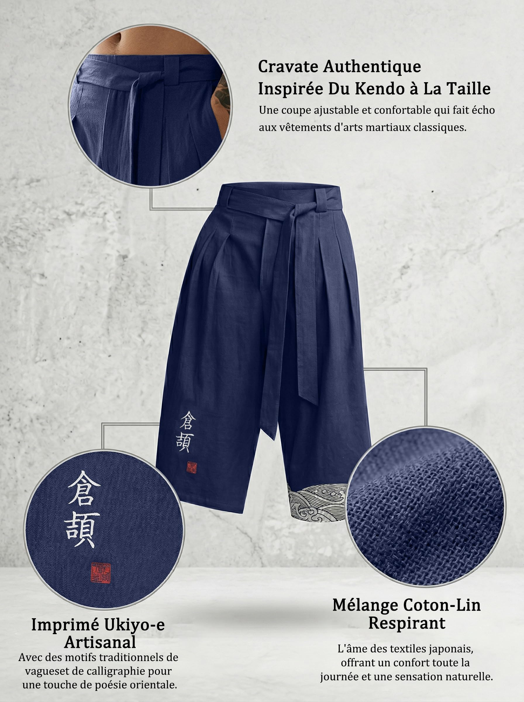 YAOBAOLE Pantalon Japonais Homme Pantalon Court Taro pour Hommes en Lin Vêtements Traditionnels Japonais avec Cordon de Serrage