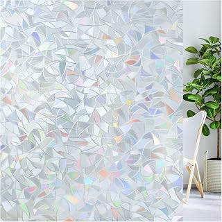 LUTE Rainbow Window Privacy Film, 3D Decorative Stained Glass Cling, Silver | Non-Adhesive Vinyl, Static Cling Removable Glass Stickers, Sun UV Blocking Decal Covering for Home Office, 17.5" x 118.1"