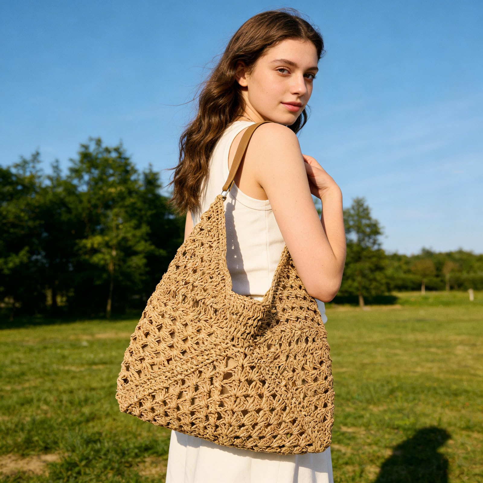 abcmilz Summer Straw Beach Tote Bag for Women Large Handmade Woven Shoulder Bag Handbags Purse for Travel Vacation Shopping — view 3