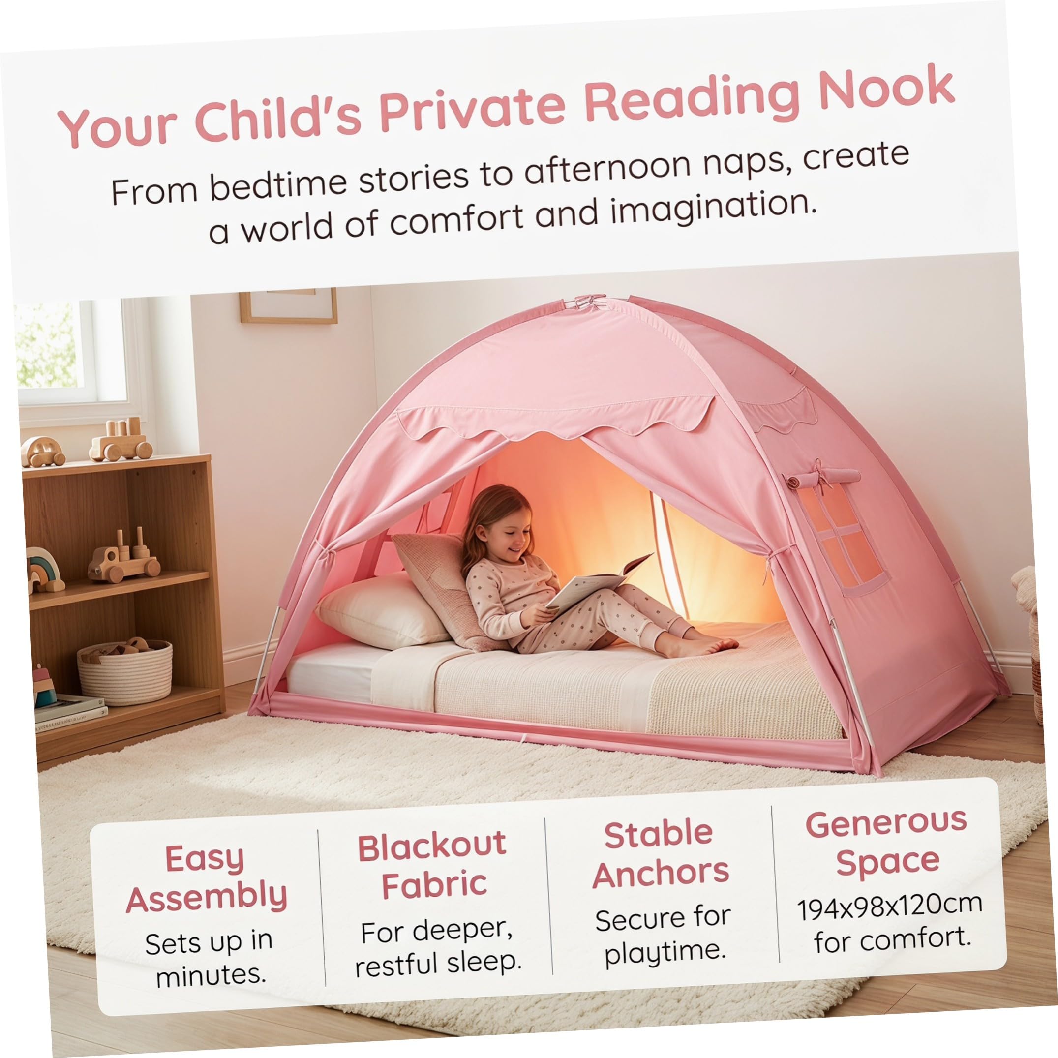 Lurrose Tienda de campaña Individual para con Dosel, Tienda Opaca para Dormitorio, casita de Juegos para Dormir y Jugar, para y niñas, Rosa, Plegable