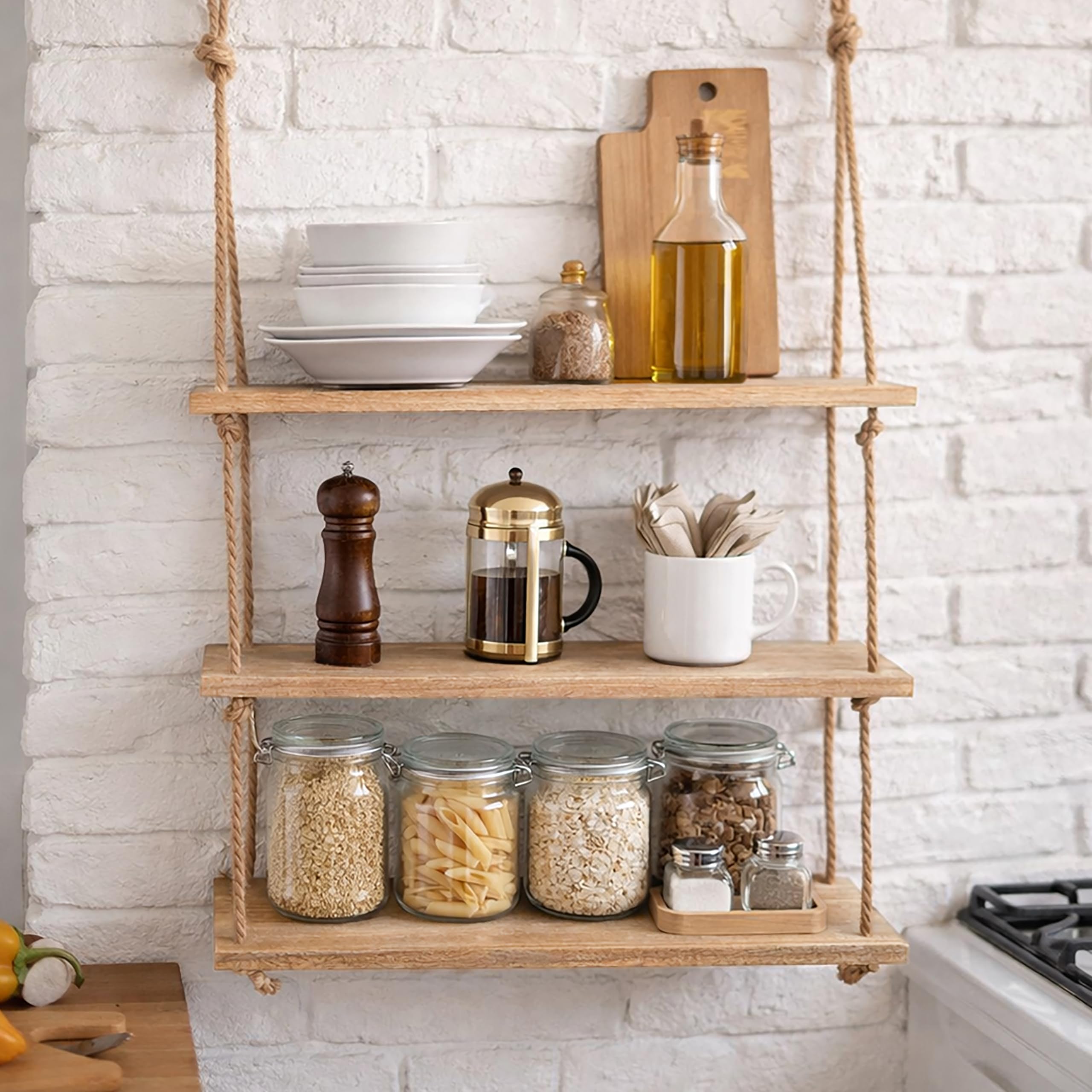 Homezone 3 Tier Floating Shelves With Hanging Rope Design Wooden Shelf With Three Tiers Durable Rustic Shelve For Bedroom Kitchen Livingroom Home Storage Organisation