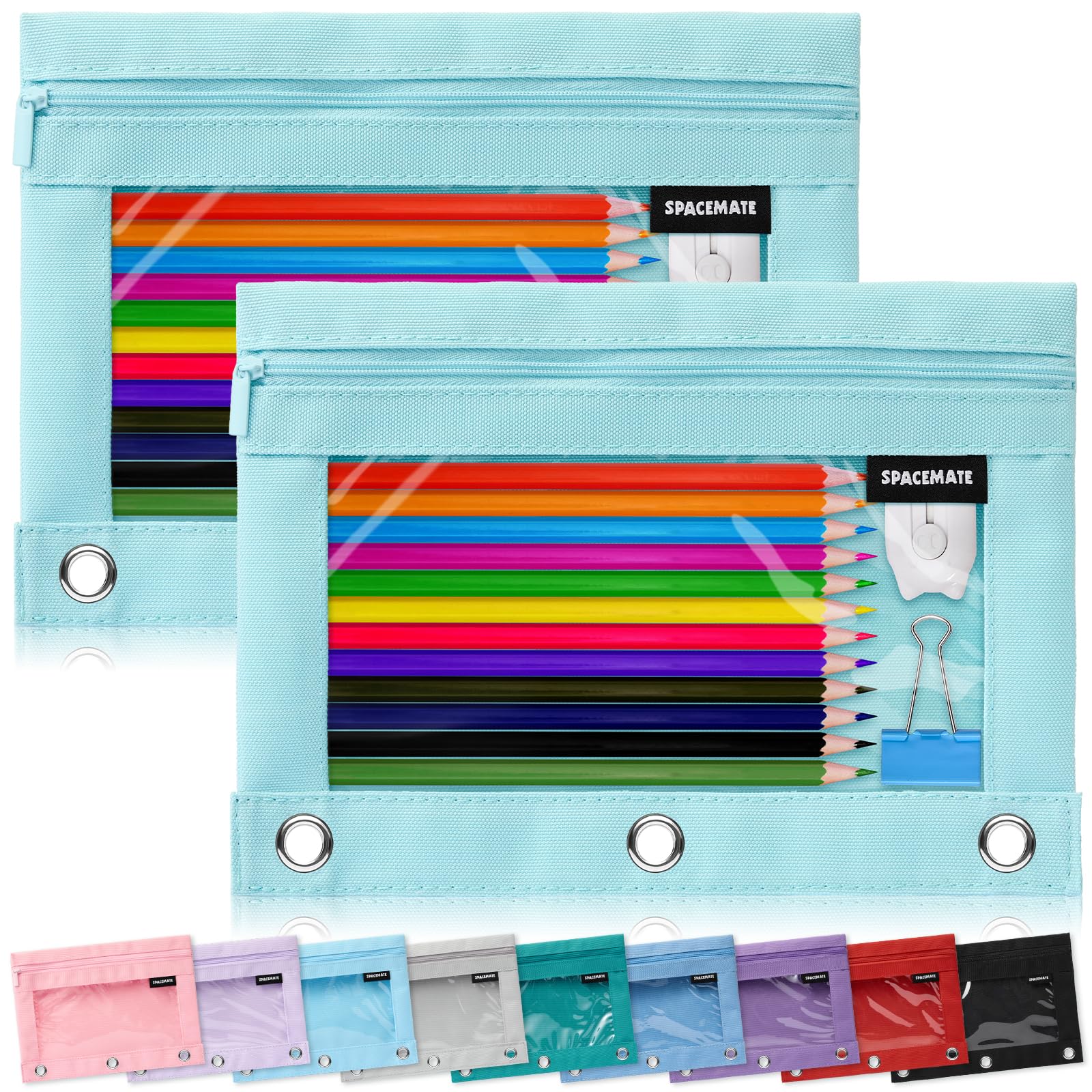 SPACEMATE 2 Pack Pencil Pouch for 3 Ring Binder, Clear 3-Hole Zipper Case