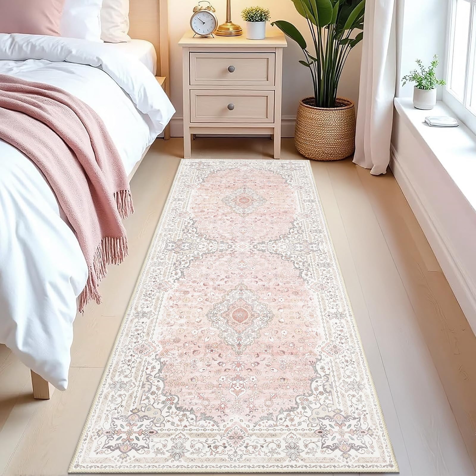 Brakki Washable Runner Rug 2x6 for Hallway Kitchen Bedroom, Non Slip Vintage Boho Area Rug, Pink Floral Rug Runner for Entryway Bathroom, Low Pile