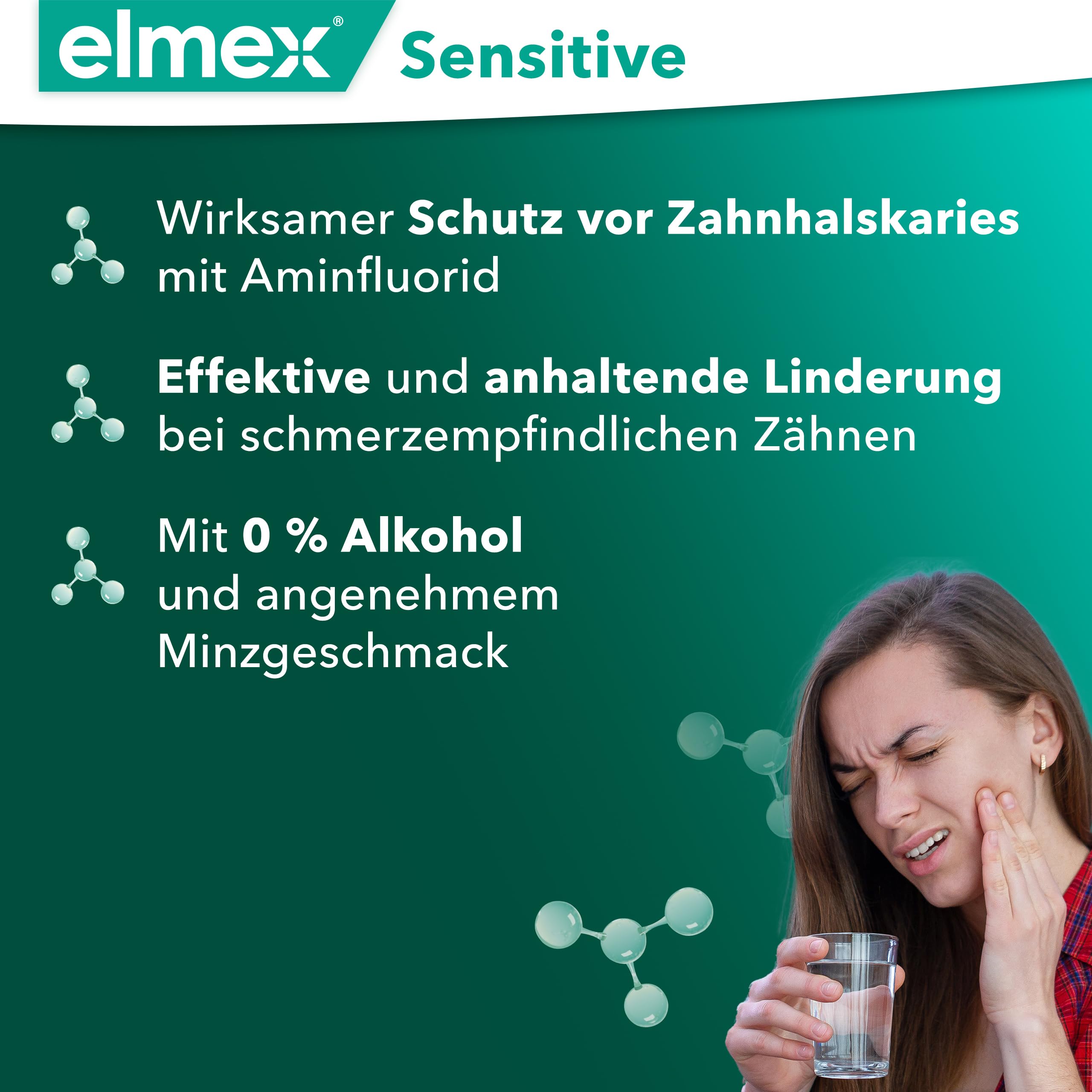 elmex Enjuague bucal Sensitive 4 x 400 ml – Enjuague bucal para una protección adicional contra los dientes sensibles al dolor y la caries del cuello – para la limpieza diaria sin alcohol con sabor a