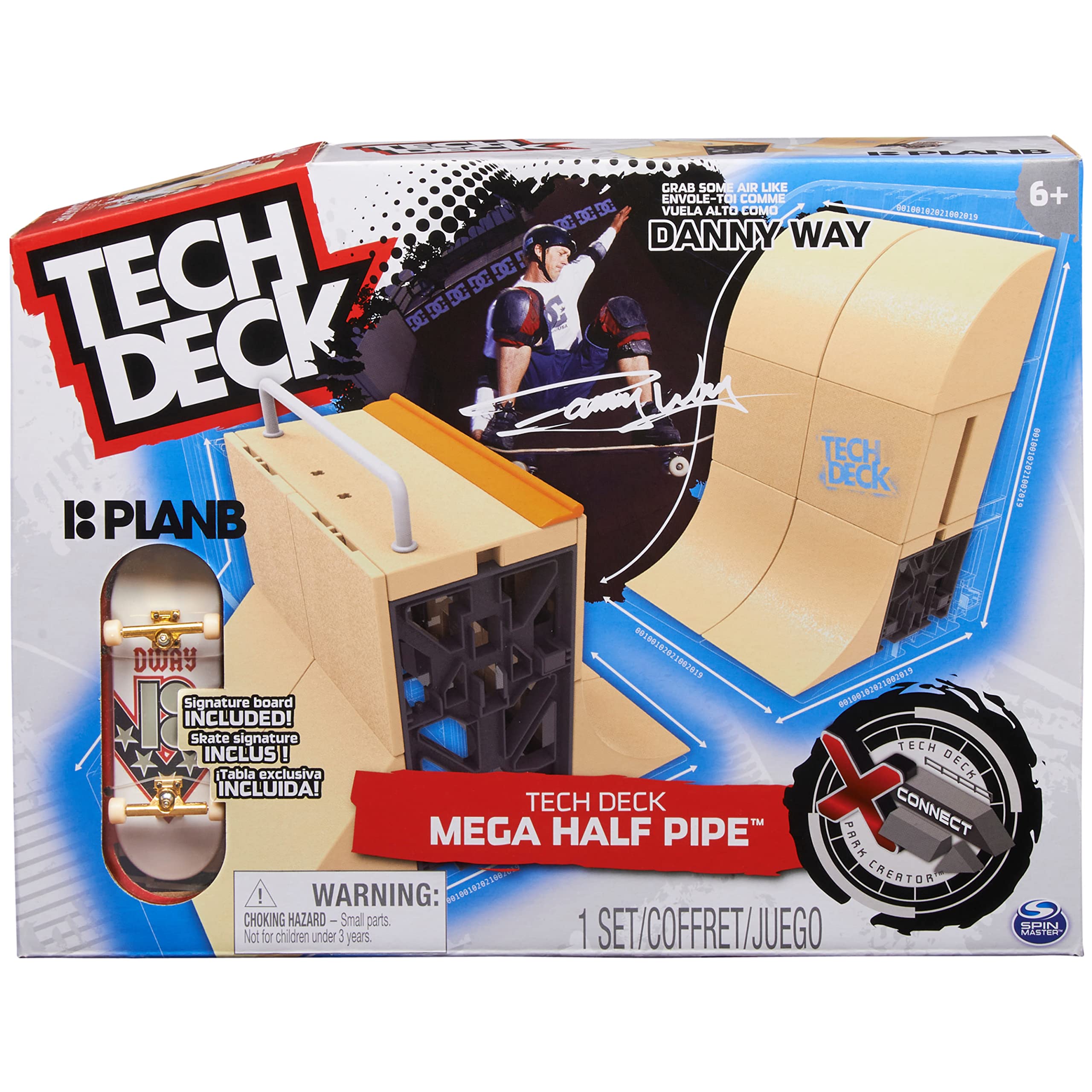 FINGER SKATE - TECH DECK - MEGA HALF PIPE DANNY WAY - Rampe Emblématique Du Skate 100% Modulable - Avec 1 Skate Plan B Exclusif 96 mm - X-Connect - Jouet Enfant 6 Ans et +