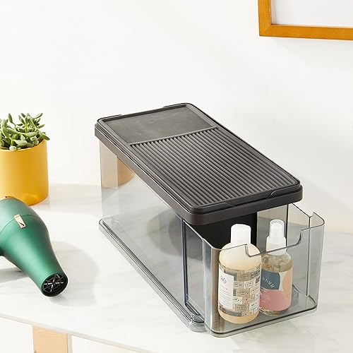 Miniatura 8 de iDesign The Sarah Tanno Collection - Organizador de cajones de cosméticos apilable mediano con tapa y divisor, ahumadonegro