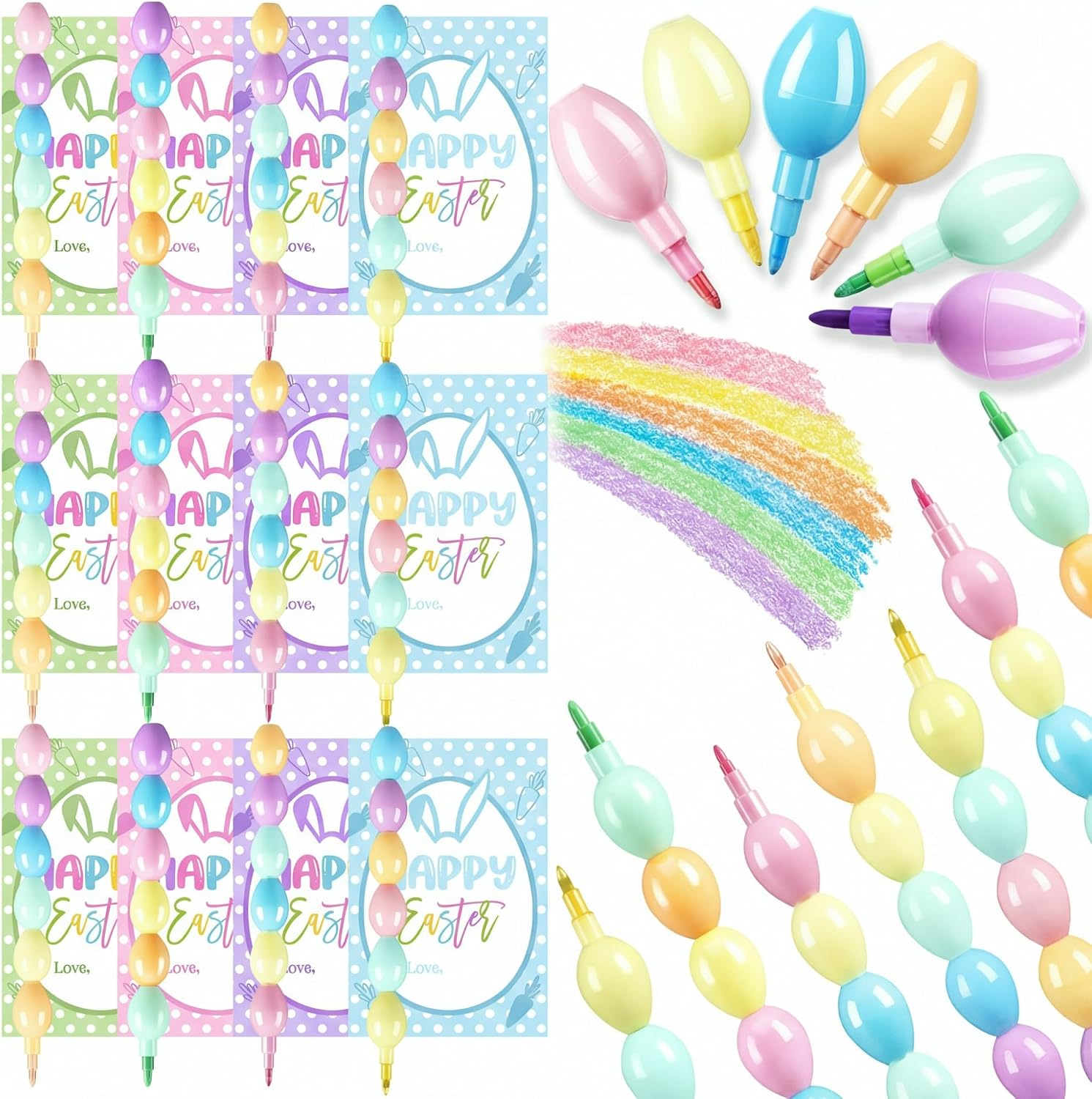 Crtiin 24 Set Easter Cards and Stacking Crayons Including 24 Pcs 6 Colors Egg Buildable Crayons 24 Pcs Greeting Cards for Easter Basket Stuffers Prizes Gift Goodie Bag Fillers Party Supplies