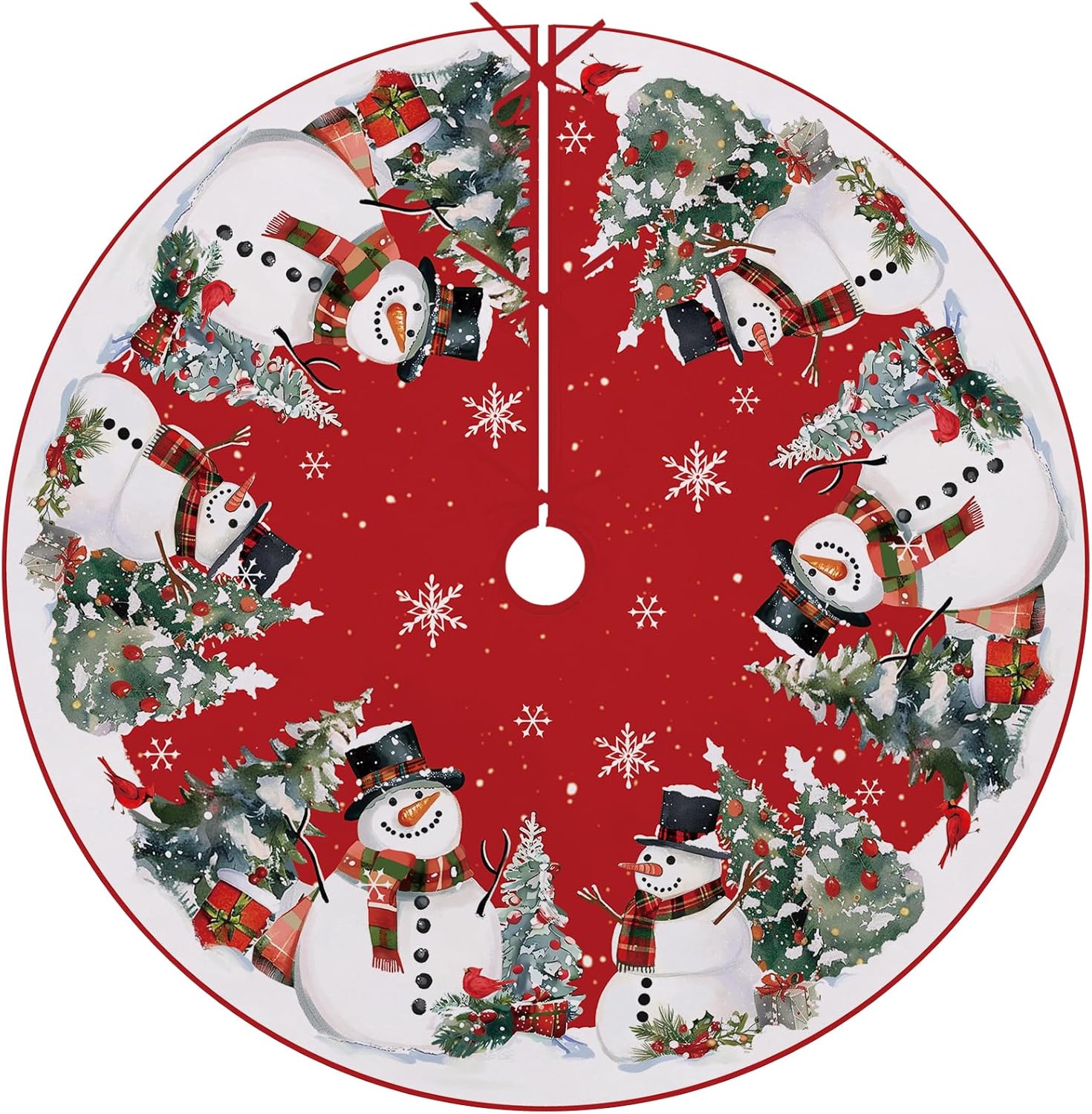Snowman Christmas Tree Skirt, 48 Inches Lace-up Snowflake Cardinal Gifts Red Xmas Tree Skirt, Winter Holiday Party Indoor Decoration Home Decor 48"