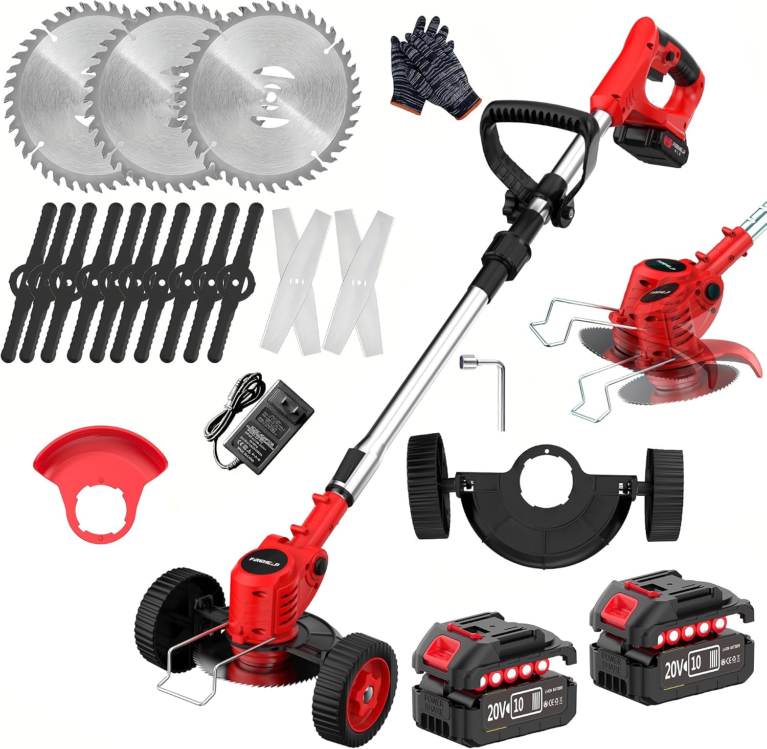 Firenheip Cordless Lawn Mower, Portable Wireless Grass TrimmerWith 2 Large Batteries & 3 Blades, Suitable for All lawns.Multi-Purpose Garden Tool (Red, 2 Batteries + Deluxe Accessory Kit)
