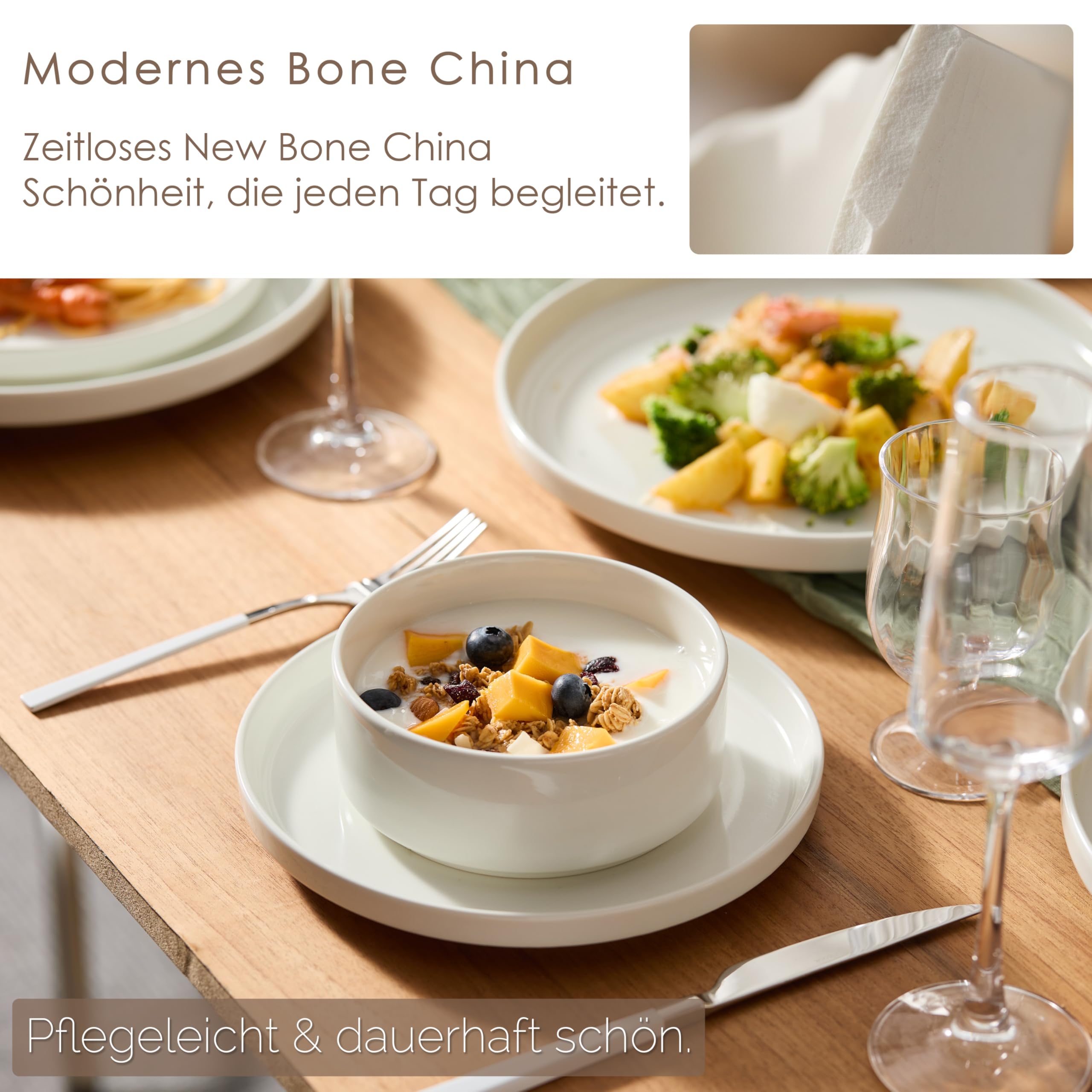 Jiwoo Geschirr Set & Tafelservice 18 TLG für 6 Personen, Modern Bone China | Mit Speise-, Desserttellern & Müslischalen – platzsparend stapelbar, mikrowellen- & spülmaschinengeeignet