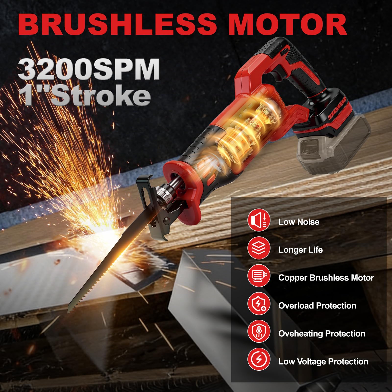 Roadtime Scie Sabre Sans Fil pour Milwaukee 18V batteries (sans batterie), Scie alternative moteur sans balais 3200 SPM,Changement de Lame sans Outil,Avec 8 Lames pour Coupe de Bois, Branches, Métal
