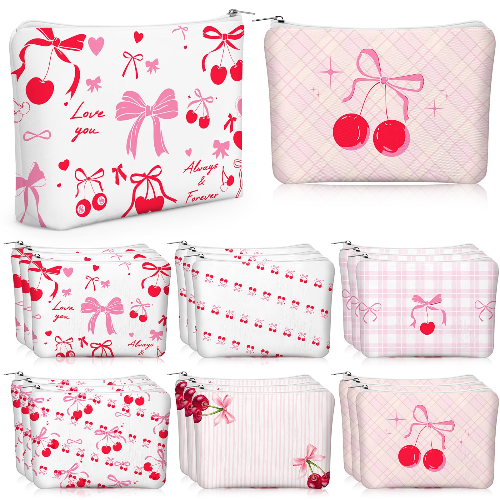 Kacctyen 12 Pcs Pink Cherry Bow Coquette Makeup Bag Cute Bow Canvas Cosmetic Bag International Womens Day Gifts for Women Girl with Zipper Aesthetic Travel Pouch Birthday Party Favor