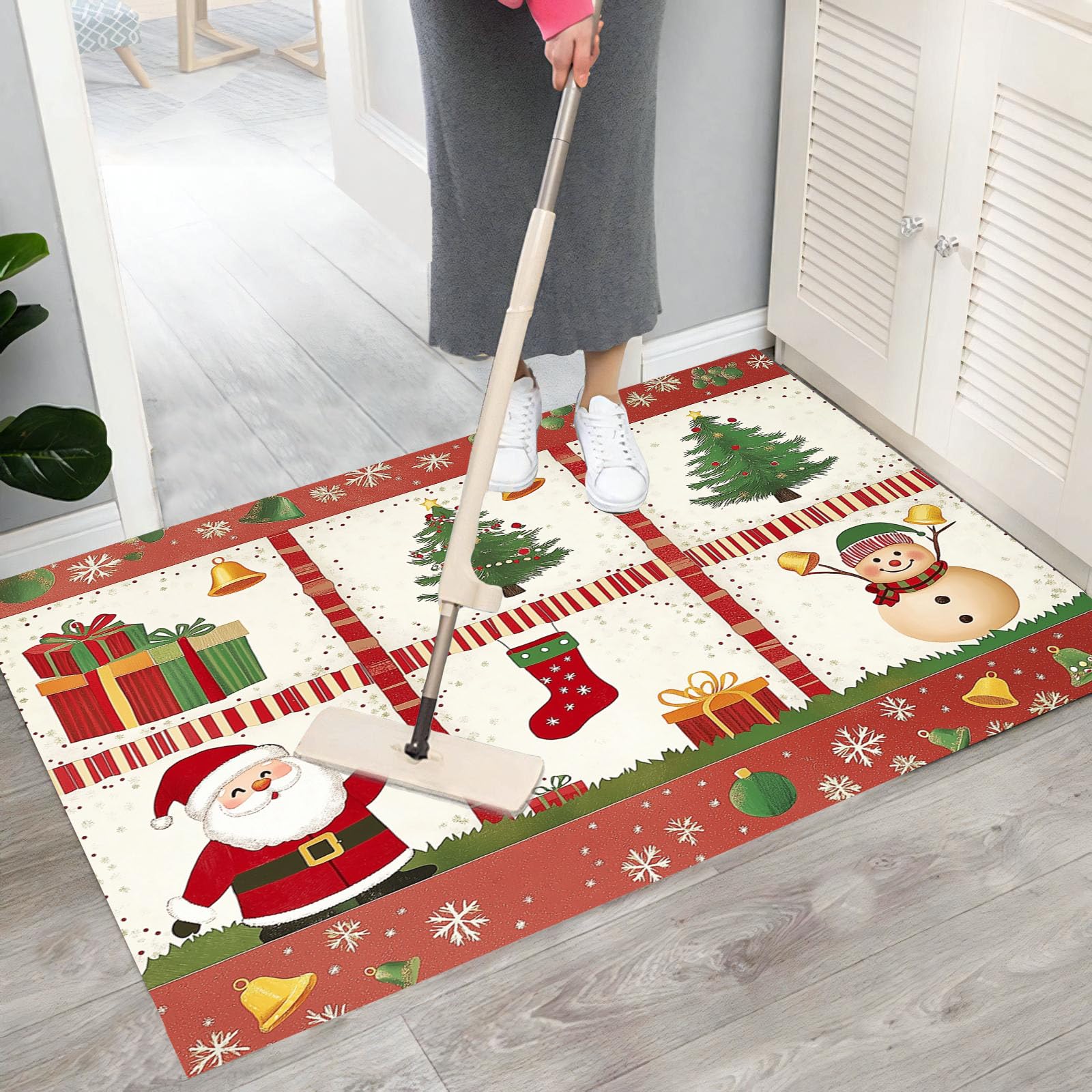 Felpudo Tema Navideño Lavable, Alfombra Pequeña Ilustración Dibujada A Mano De 80X120Cm, Tapetes De Puerta Suaves Para Entrada, Alfombras De Entrada Antideslizantes Rojo Y Blanco De Pelo Bajo