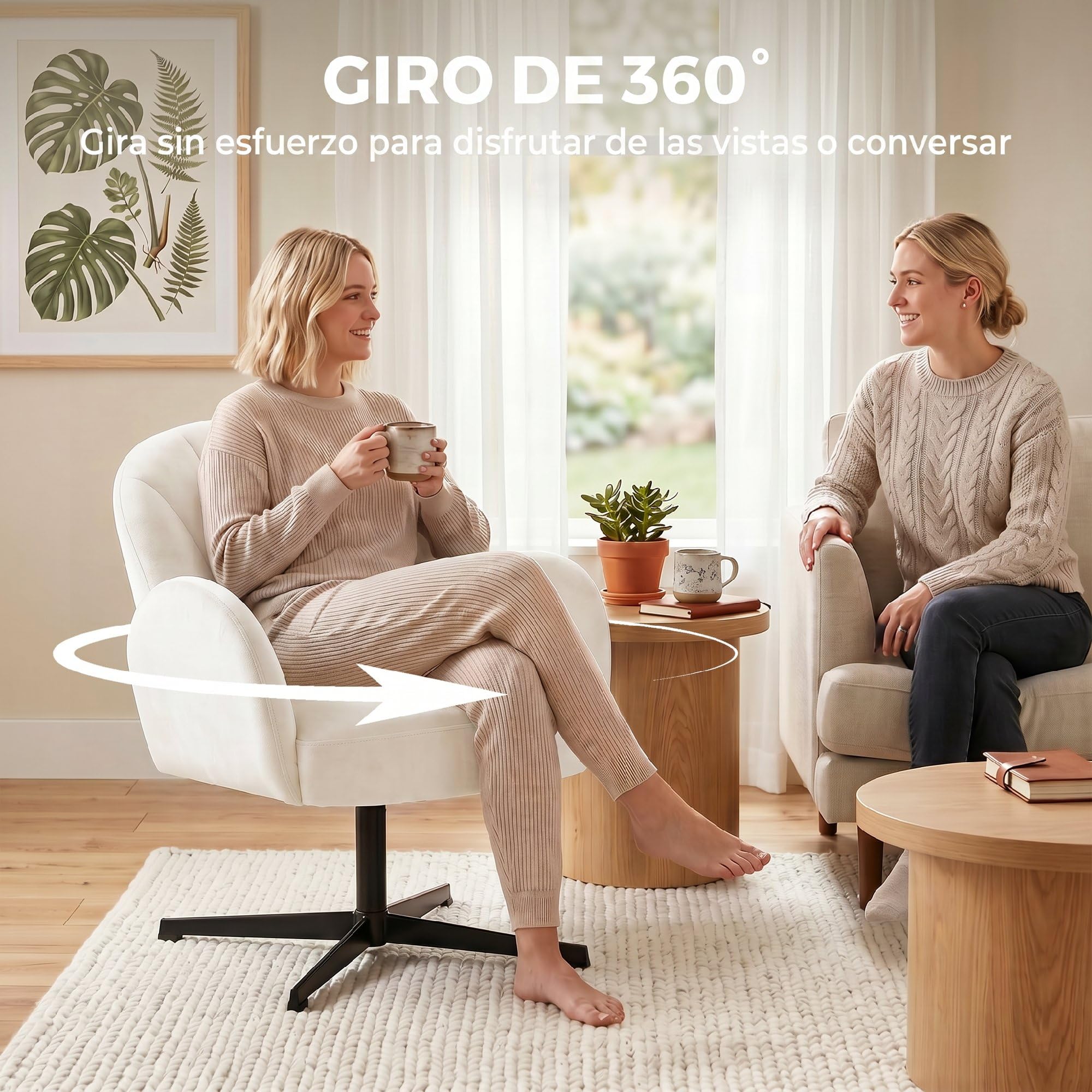 HOMCOM Sillón de Salón Giratorio, Butaca Tapizada en Terciopelo, Crema | Respaldo en Forma de Concha, Cojín con Resortes, Base Cruzada, Sillón de Relax para Dormitorio, Oficina, Estudio