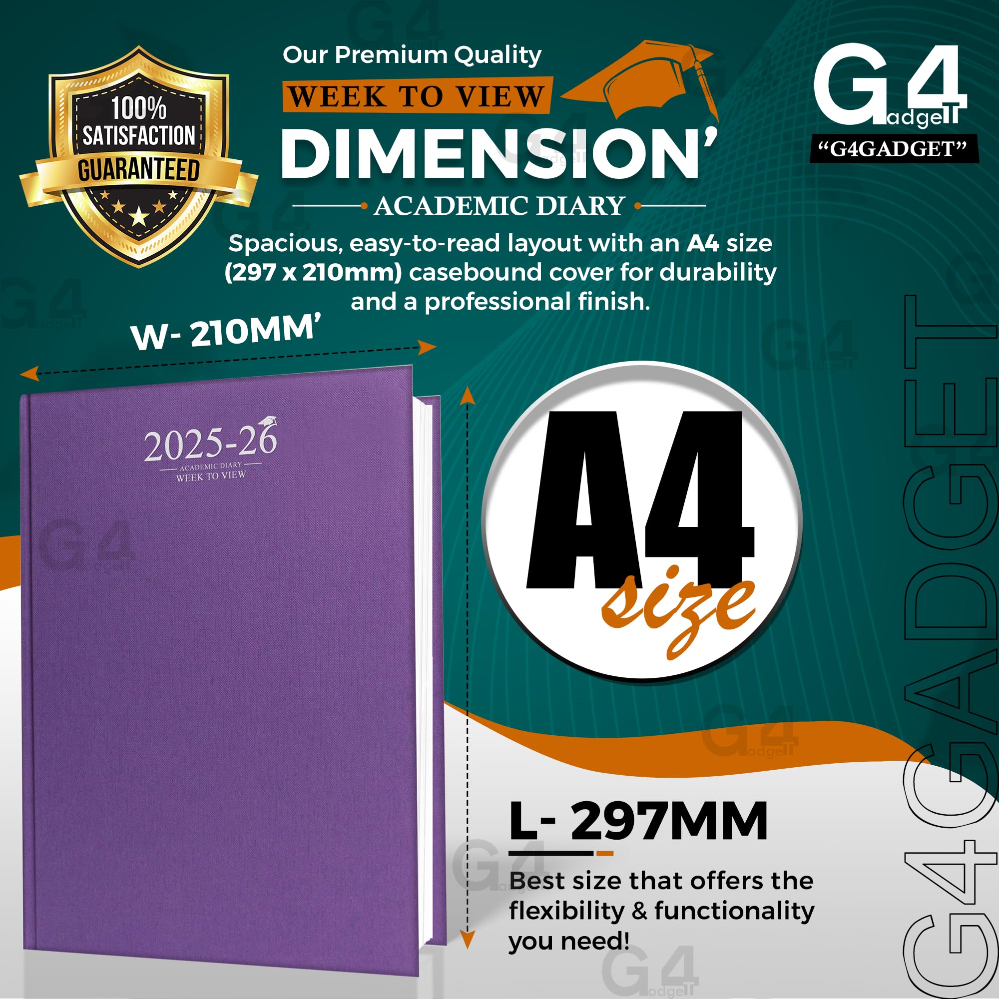 G4GADGET 2025-2026 A4 Academic Diary, Week to View, Purple, Case Binding, A4 Week To View - Image 3