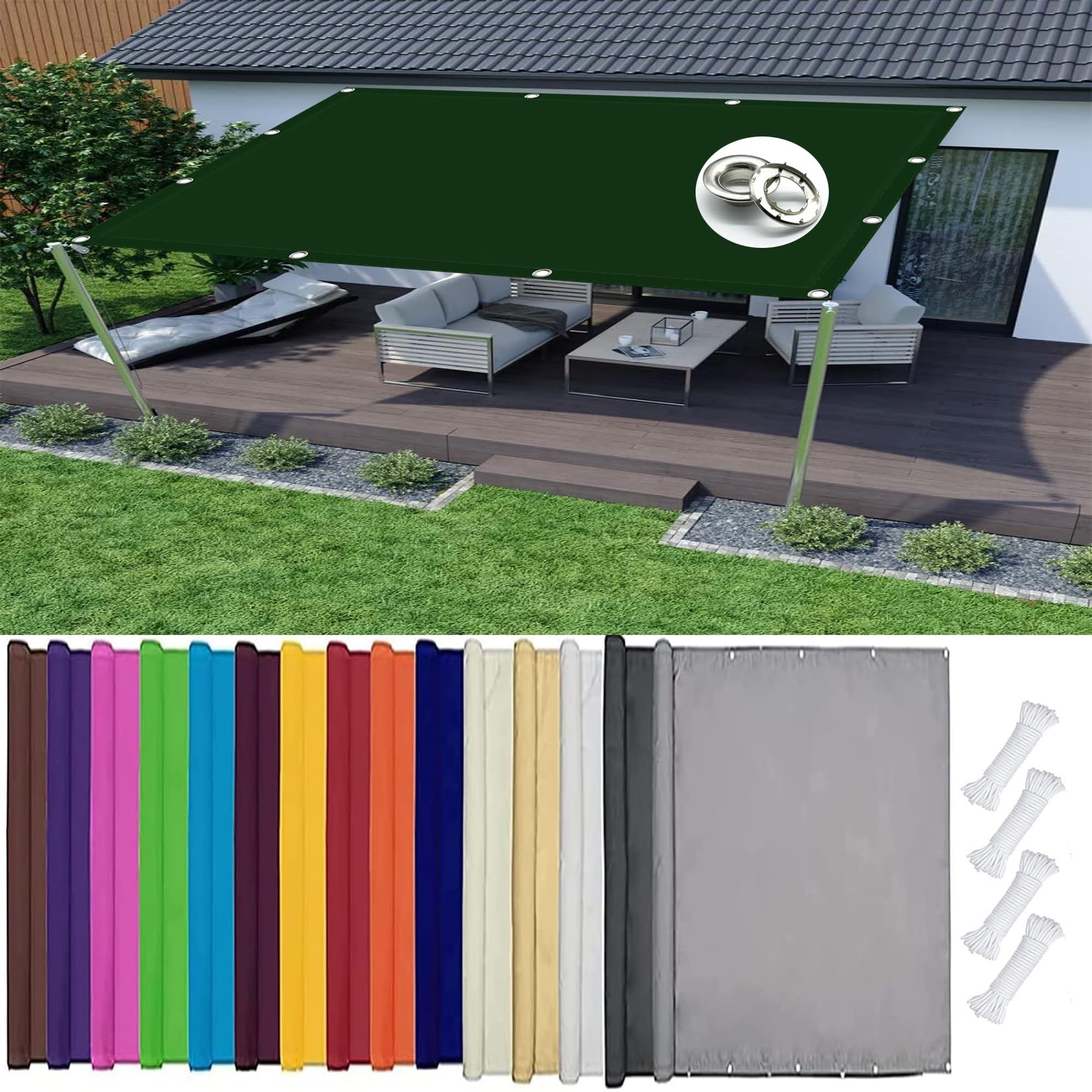 KLGFBDC Sun Shade Sail 2.7x3.7m Waterproof Canopy for Patio & Garden Colors Dark Green Durable Awning Fabric with Rope