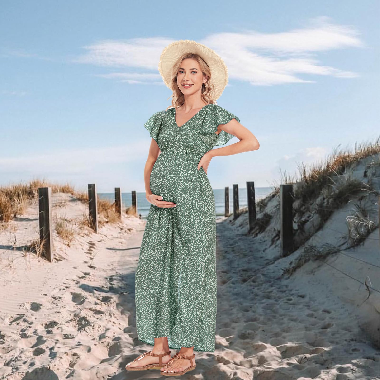 guruixu Floral Print V Ausschnitt Umstandskleid für Fotoshooting Babyparty, Boho Flatterärmel gesmokter Rüschensaum Midikleid
