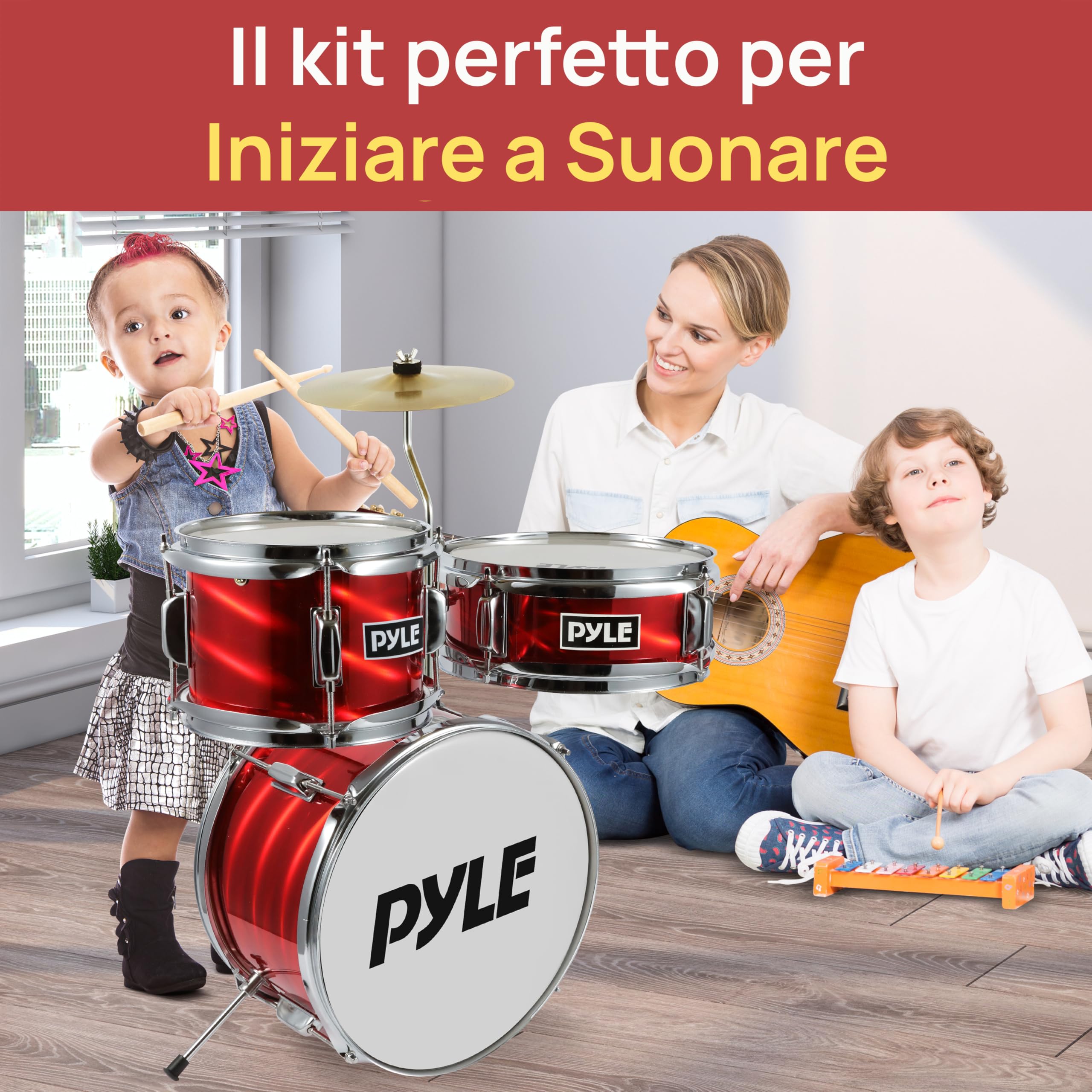 Pyle Set di Batteria per Bambini, Kit Iniziale 3 Pezzi con Grancassa da 33 Centimetri, Rullante, Tom, Piatti e Bacchette Batteria