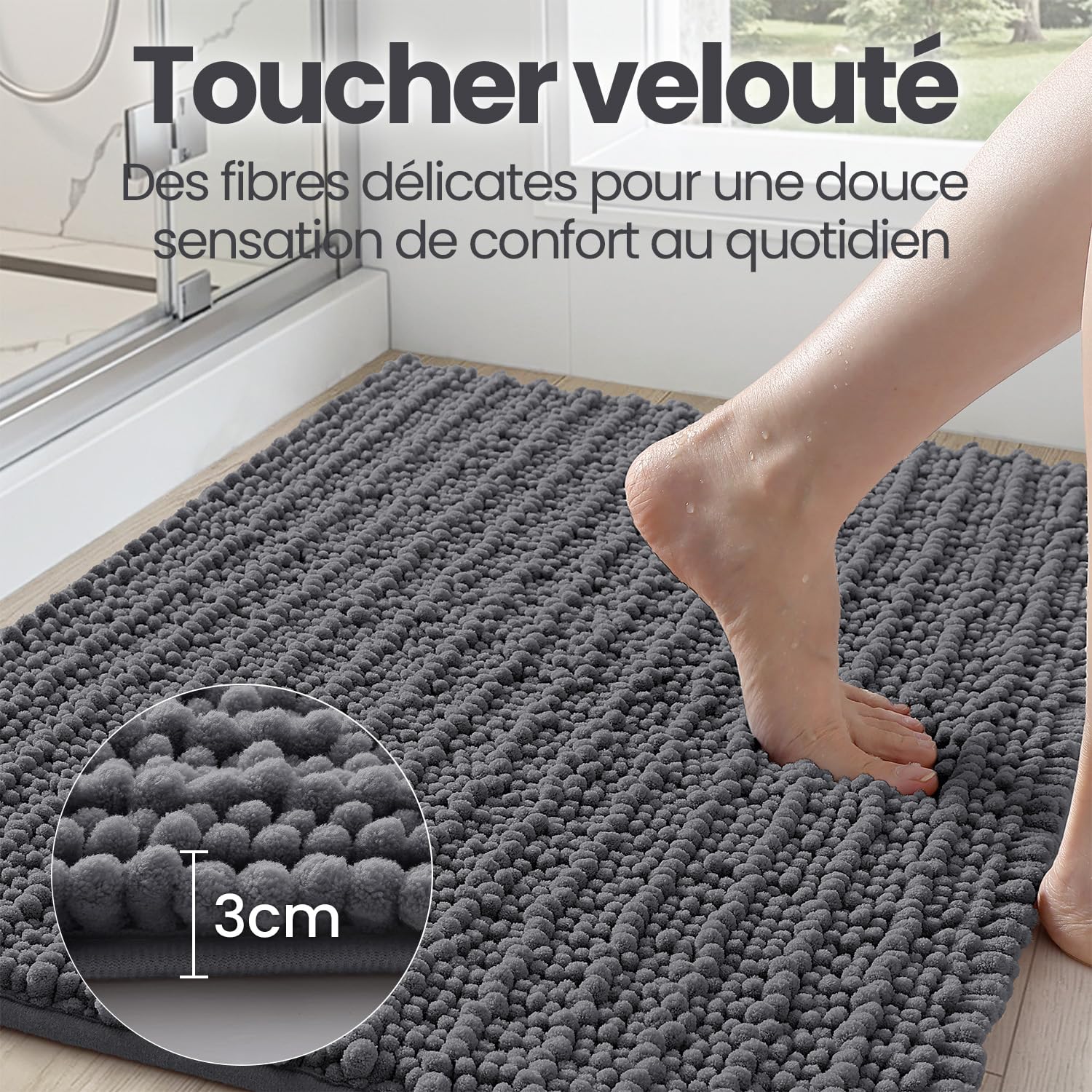 DEXI Tapis de Bain en Chenille 60 x 90 cm, Épais et Absorbant, Gris