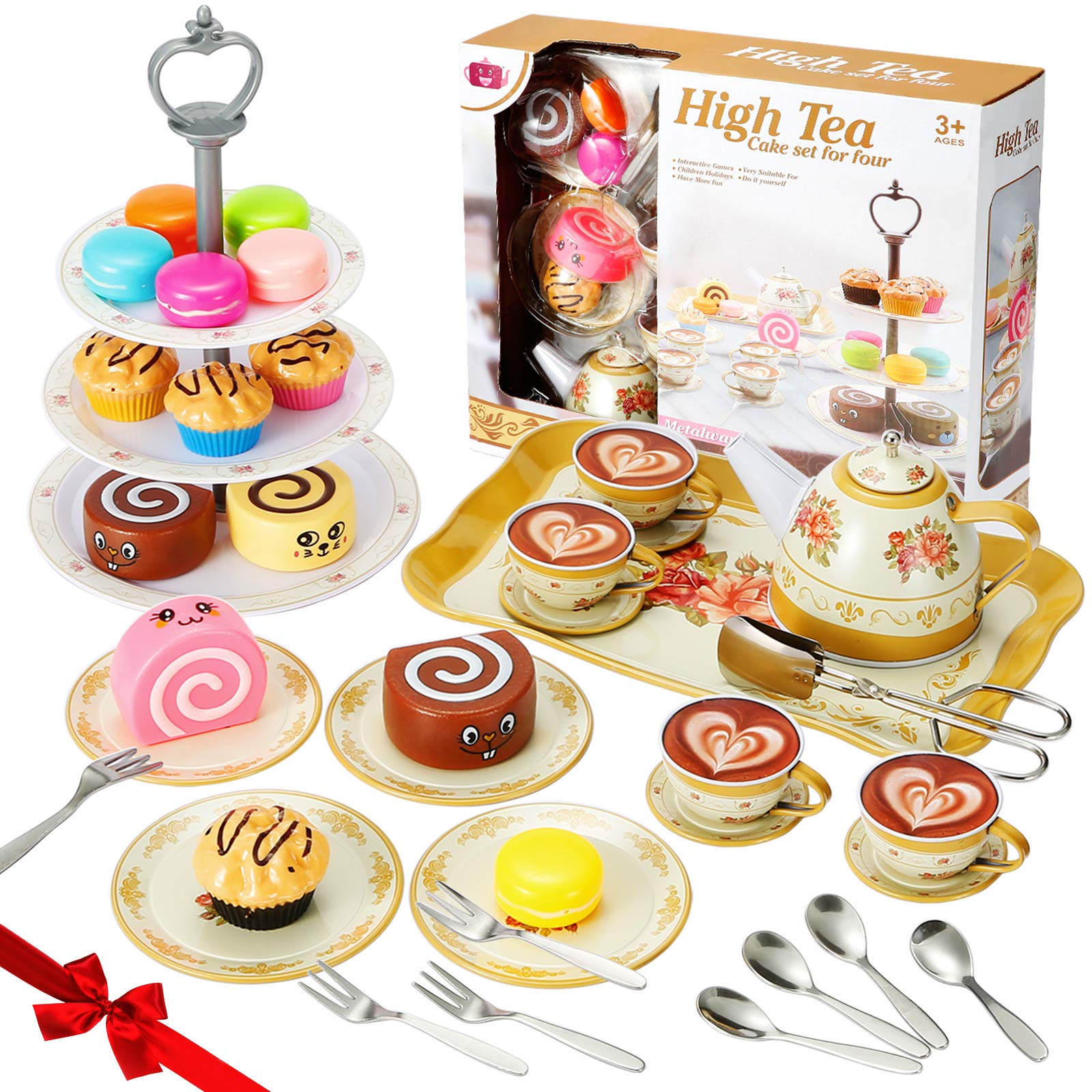 Tea Party Set for Little Girls,Kids and Children,Kitchen Pretend Play Toys Tea Set,Princess Play Tea Time with Tea Cup,Cake Set Stand,Play Food Set for Toddler,Play Kitchen Accessories (Brown)