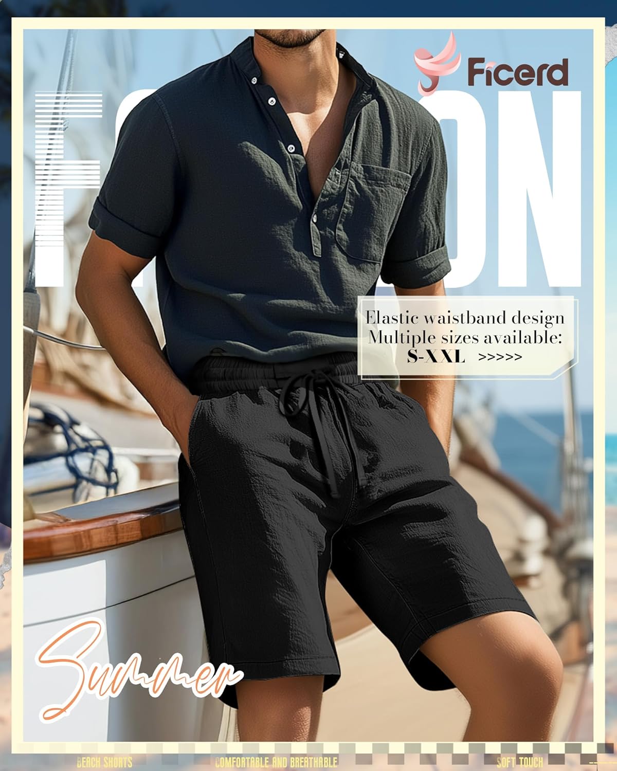 Ficerd 2 Pack Men's Linen Shorts, Elastic Waist Beach Pants with Drawstring Pockets Summer Casual Gym Vacation Shorts - Image 5