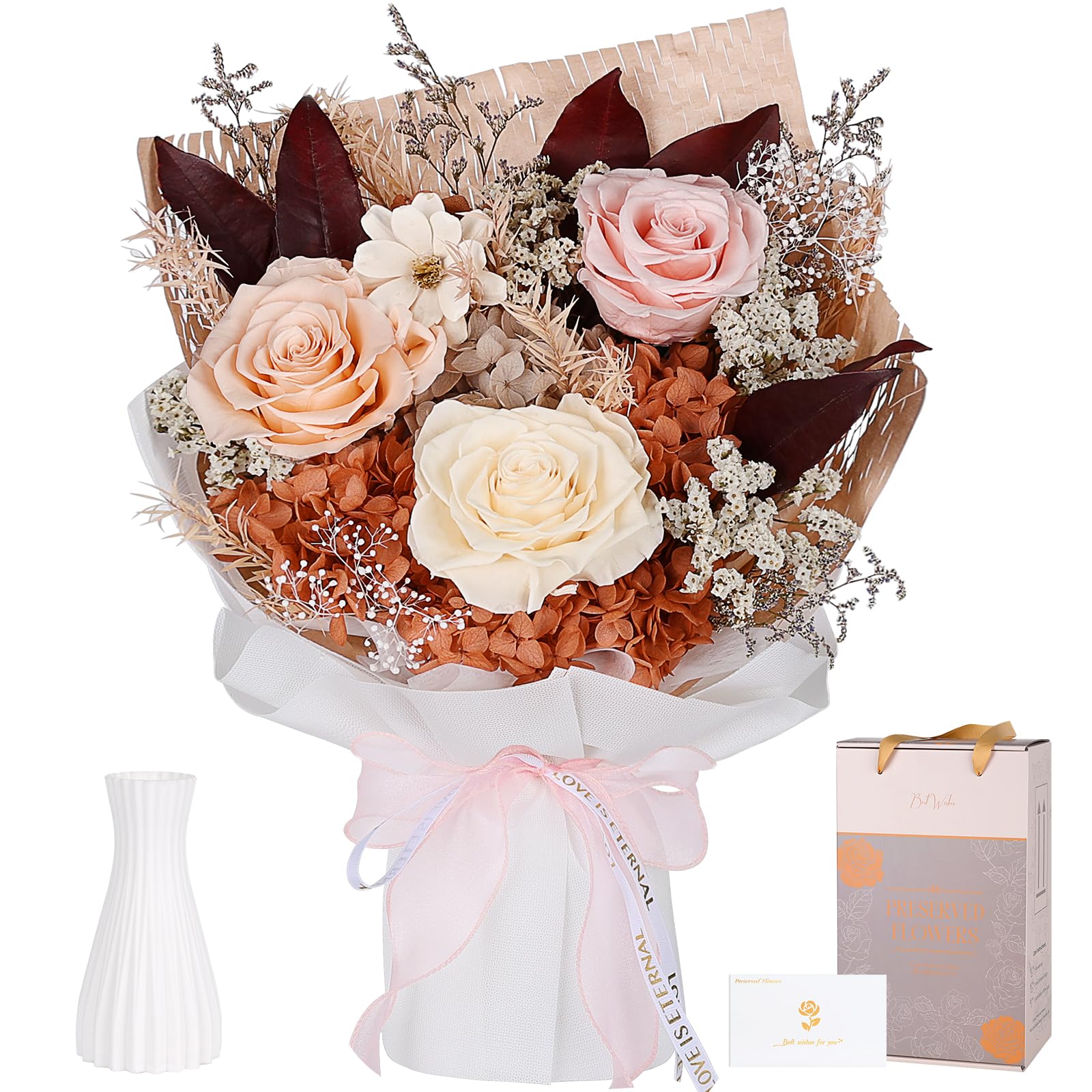 Preserved Bouquet of Flowers with Vase Champagne