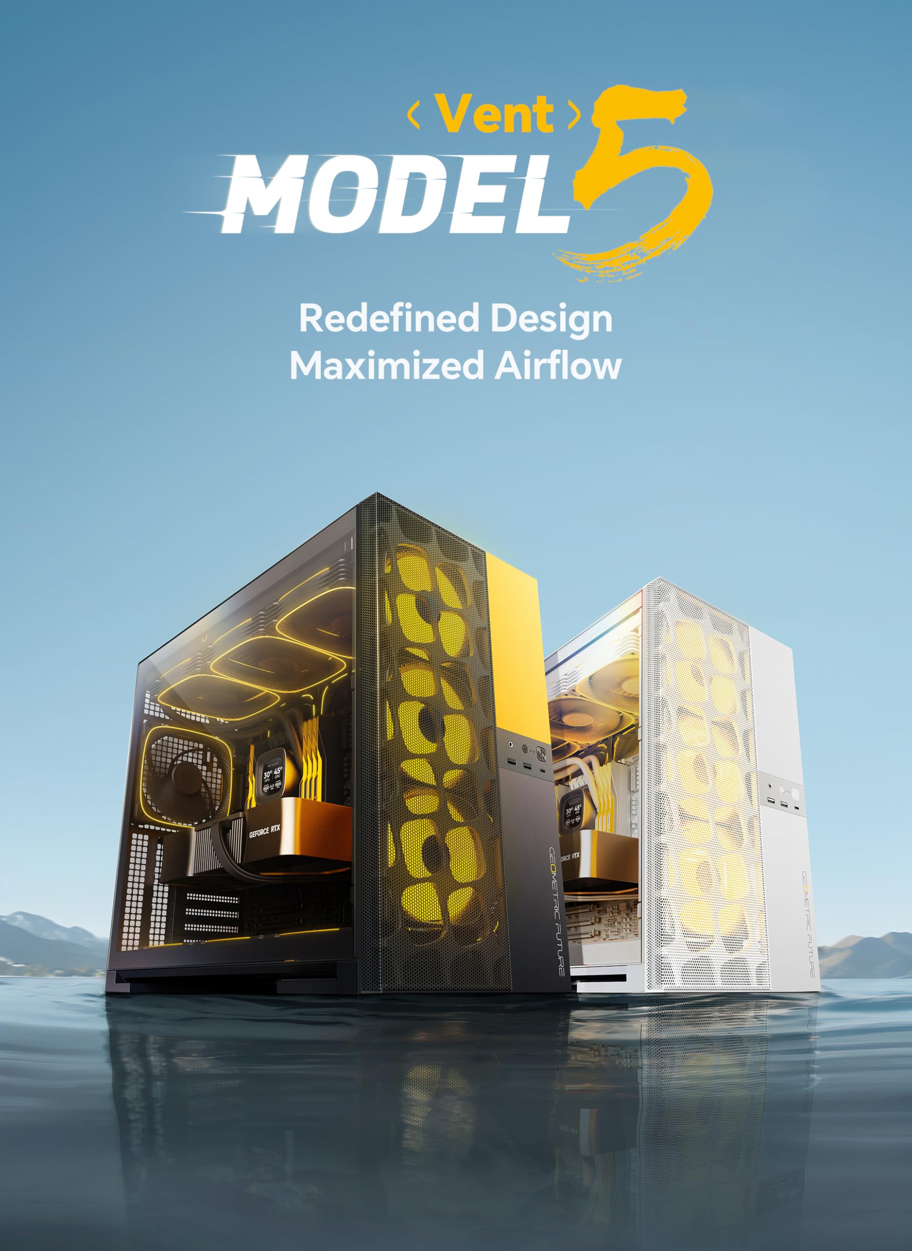 Geometric Future M5 Vent Mesh Front Panel Tempered Glass Mid Tower, E-ATX/ATX Gaming Case, High Airflow, 1.2mm Steel, Type C, Support 420/360 Radiator, Dual-Chamber, Black/Yellow, GEO-M5V-BY