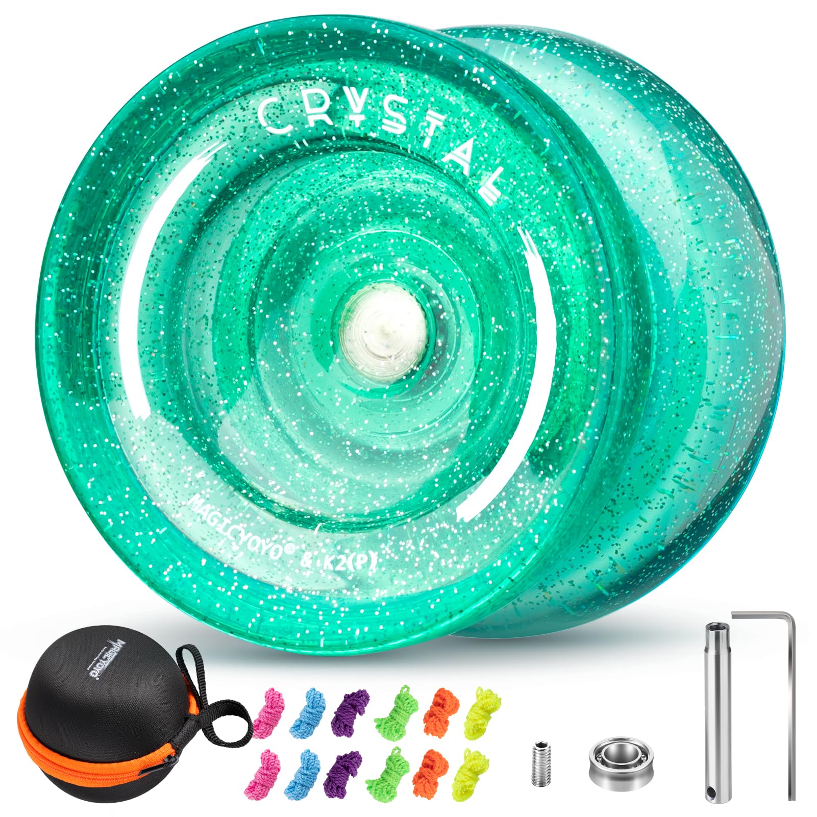 YOSTAR K2 Crystal Glitzergrün JoJo, Kinder JoJo mit Leerlauf und Kugellager, Trick Yoyo für Finger Spin, Profi Responsive & Unresponsive Yoyo für Anfänger, mit 12-String, Lagersatz, Gehäuse