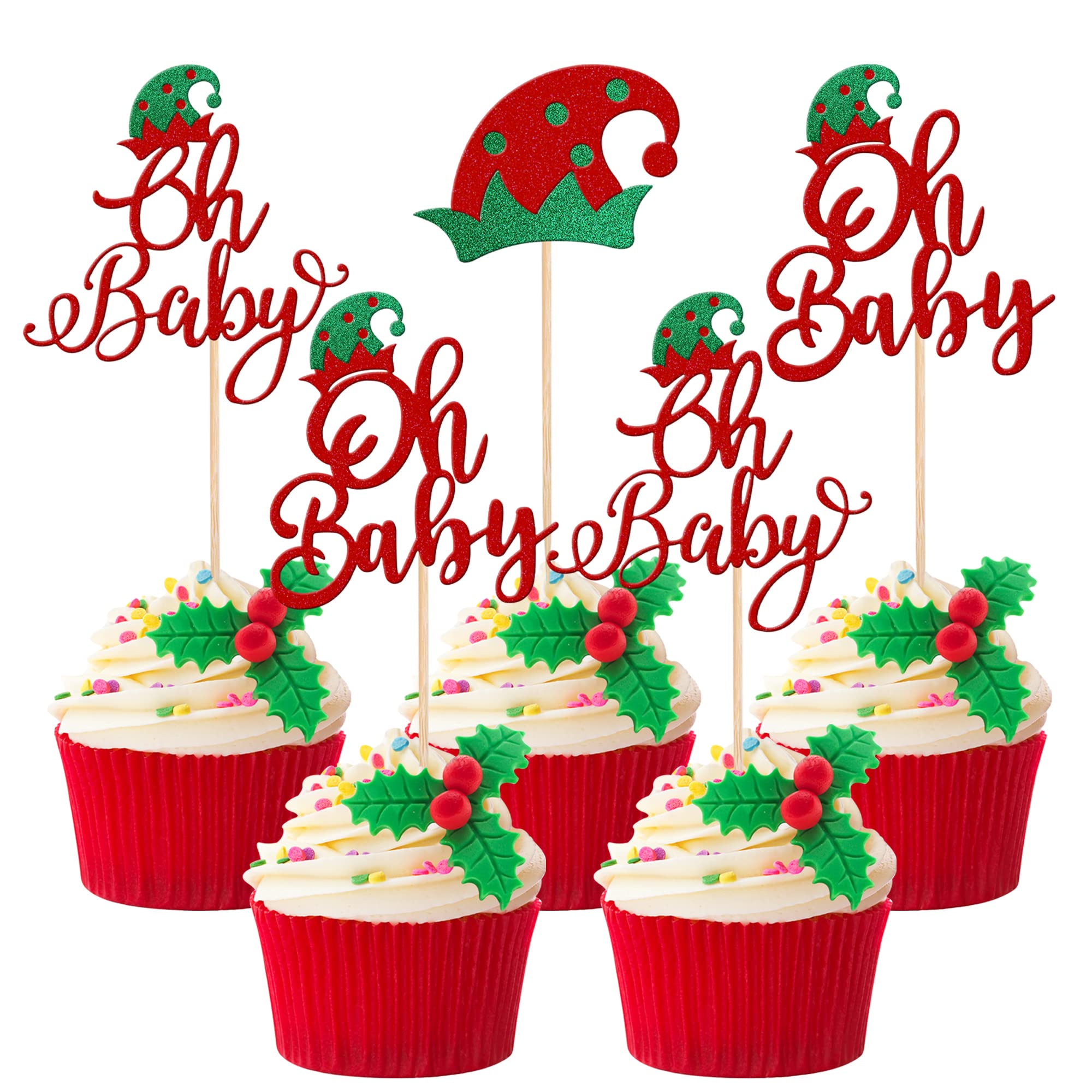 24 PCS Christmas Elf Oh Baby Cupcake Toppers With Glitter Hat - Baby Shower Gender Reveal Picks for Elf Theme Kids Birthday Party Cake Decorations Supplies