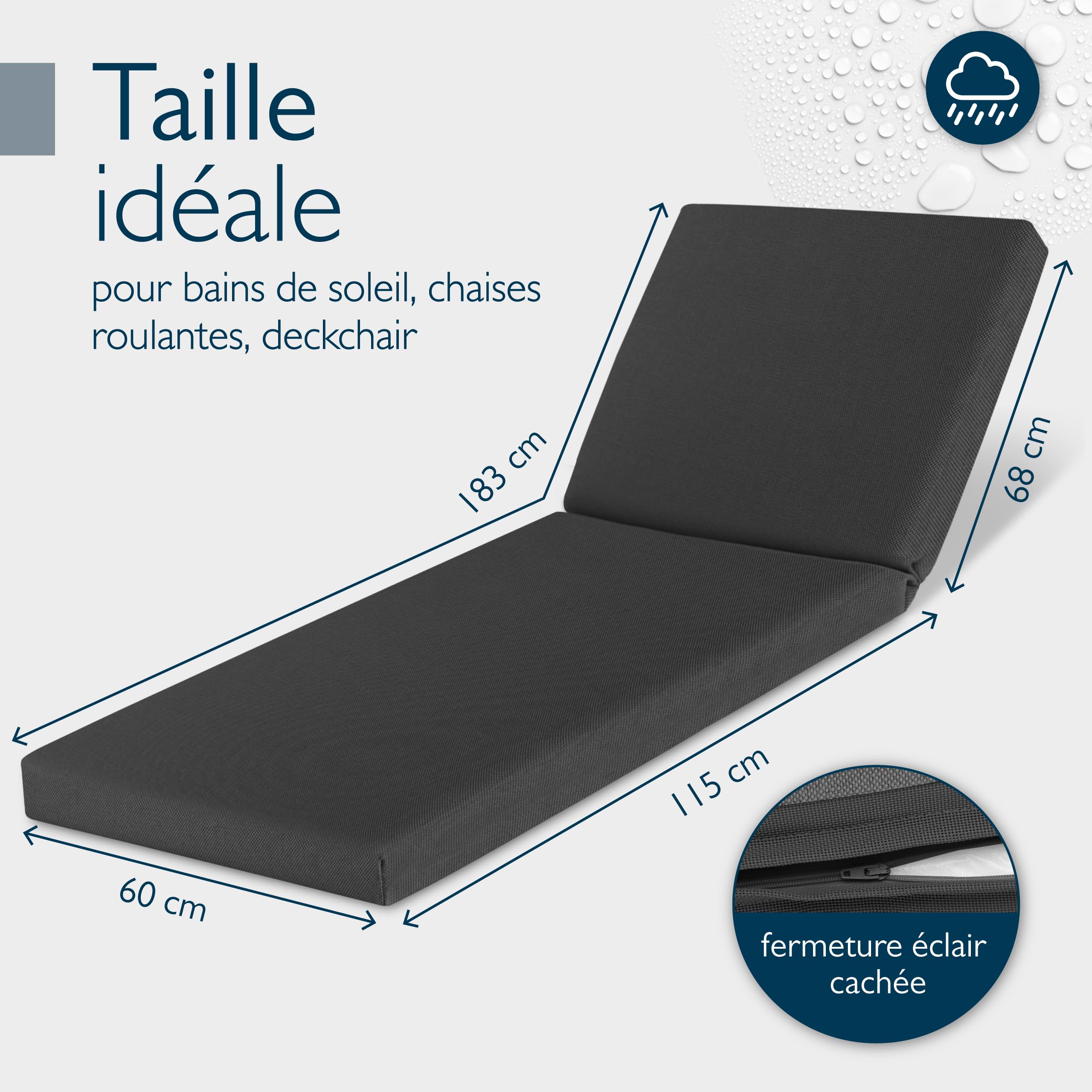 Beautissu Set de 2 Coussin Bain de Soleil Matelas transat imperméable | 190x60cm anthracite résistant aux intempéries séchage rapide lavable chaise longue exterieur mobilier jardin Deckchair