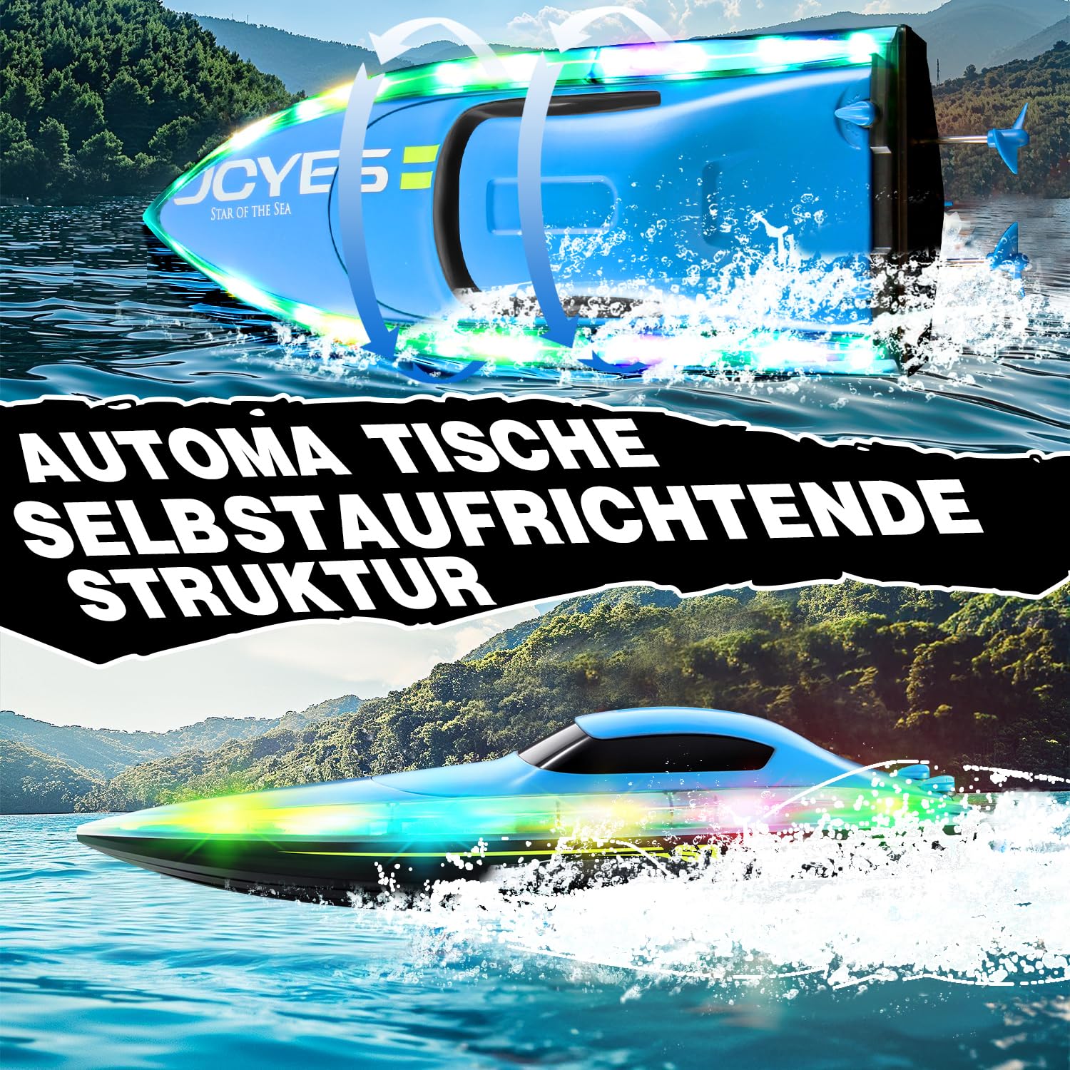 4DRC S7 RC Boat for Adults & Kids, High-Speed at 30KMH with 7 Mode LED Lights, Remote Control Boat for Pools and Lakes, 2 Rechargeable Batteries, Ideal Water Play Toy Gift for Boys & Girls