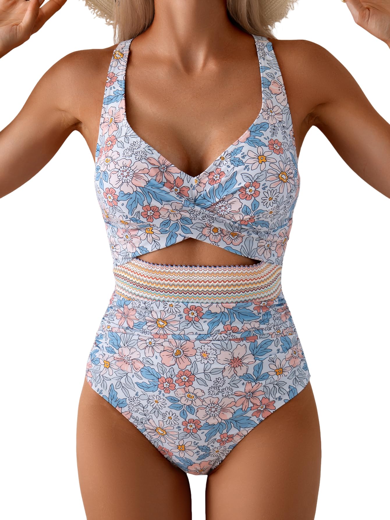 One Piece Swimsuit for Women Tummy Control V Neck Bathing Suit Color Block High Waisted Cutout Swimwear-image-21